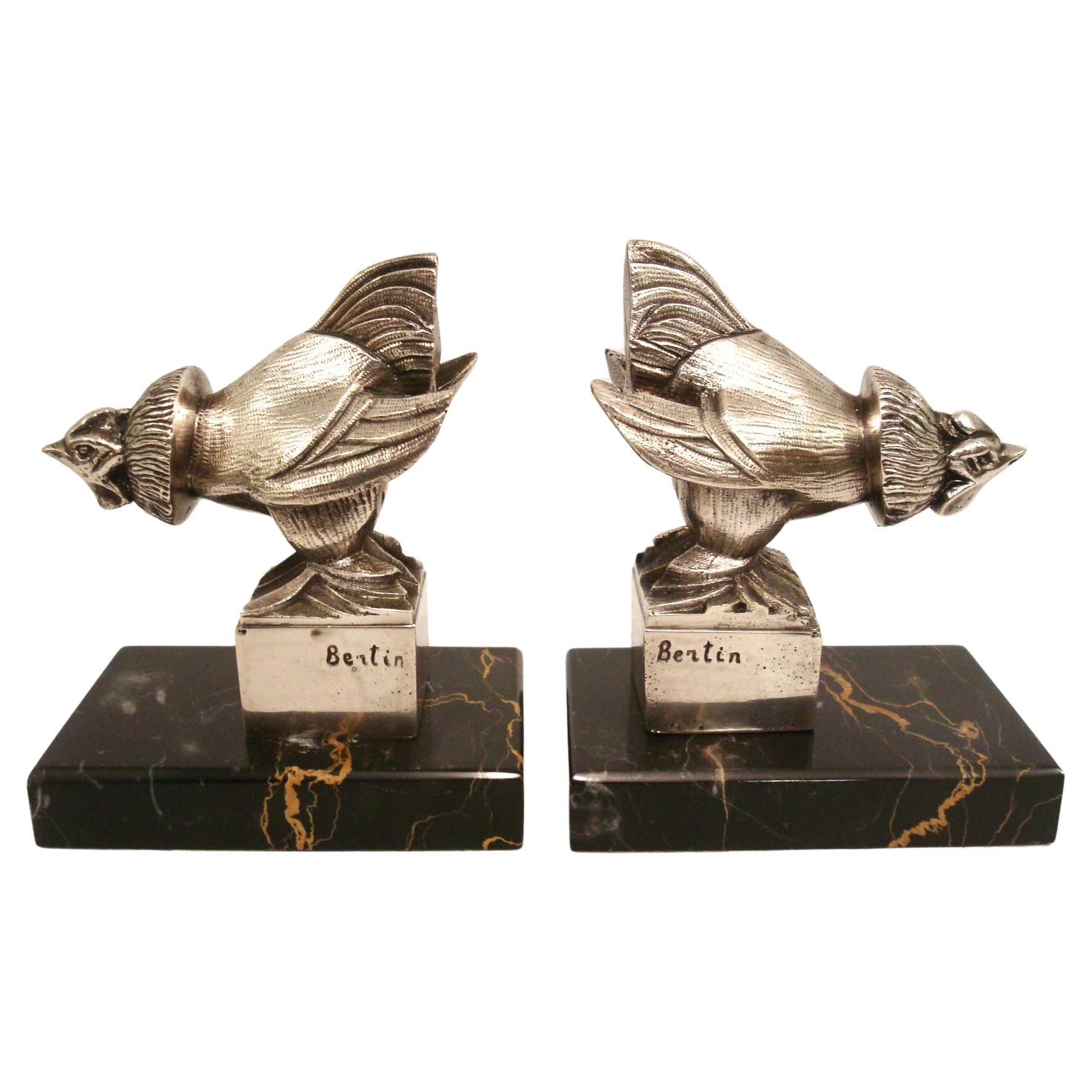 Art Deco Silvered Bronze Rooster Bookends. France 1920´s.