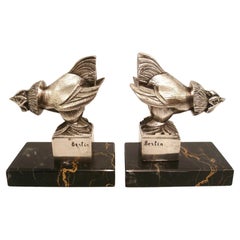 Antique Art Deco Silvered Bronze Rooster Bookends. France 1920´s.