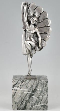 Art Deco Silvered Bronze Sculpture Dancer with Feathers H. Molins, 1925