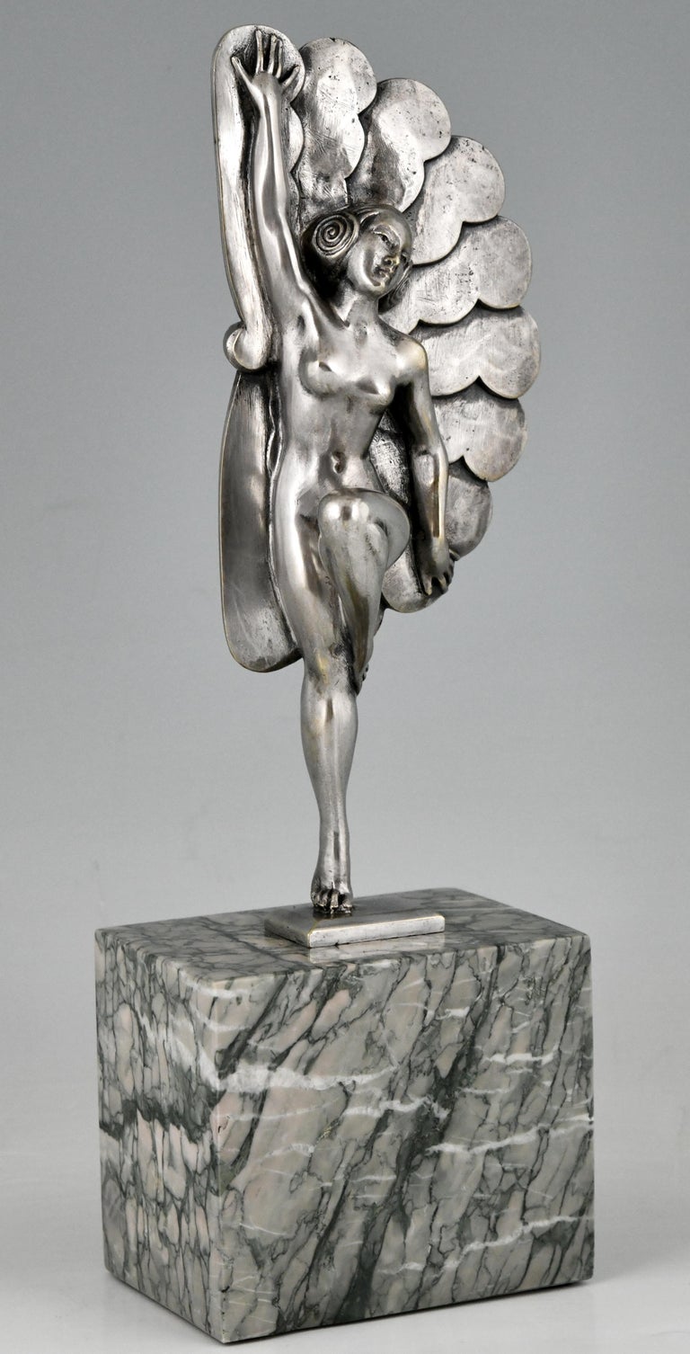 French Art Deco Silvered Bronze Sculpture Dancer with Feathers H. Molins, 1925 For Sale