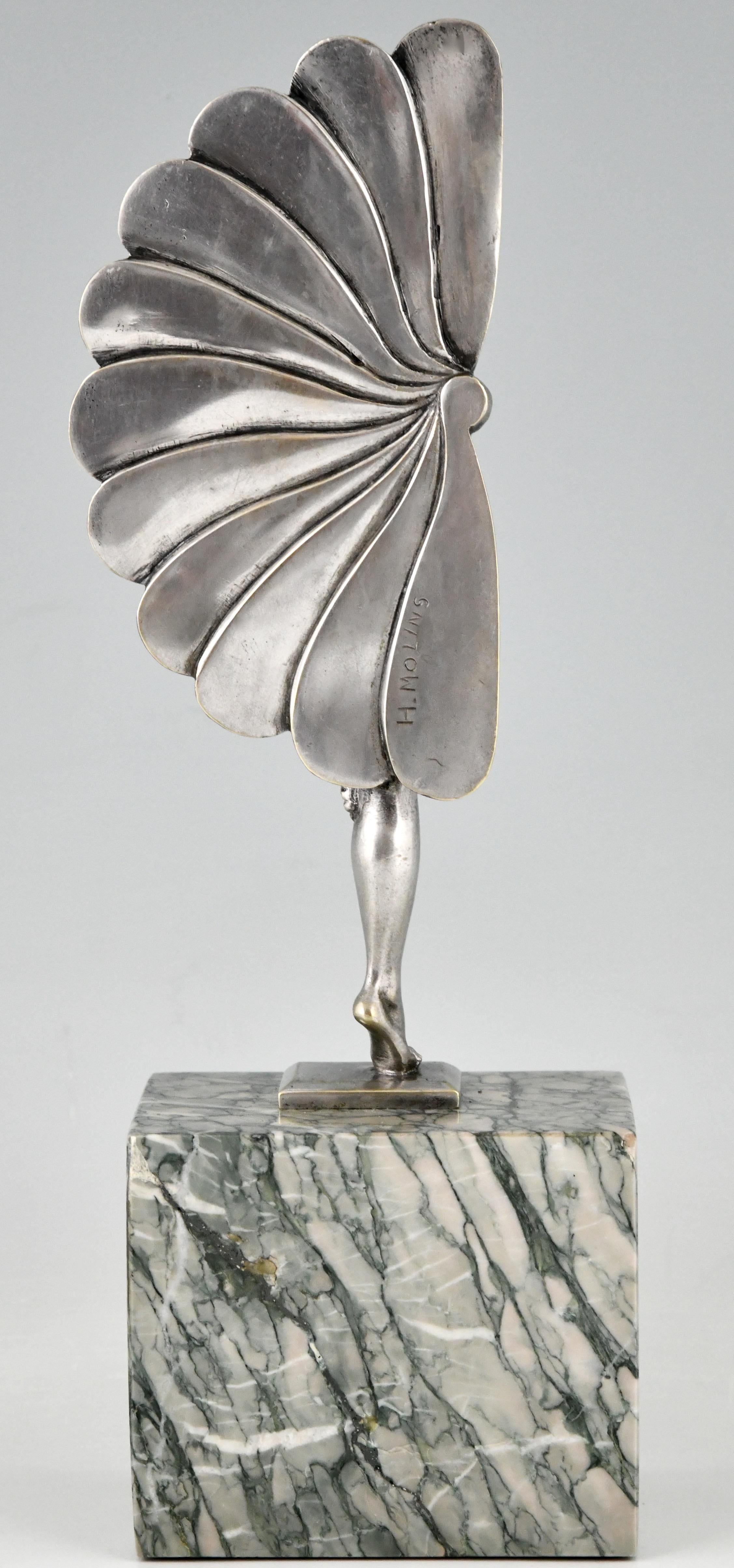 French Art Deco Silvered Bronze Sculpture Dancer with Feathers H. Molins, 1925