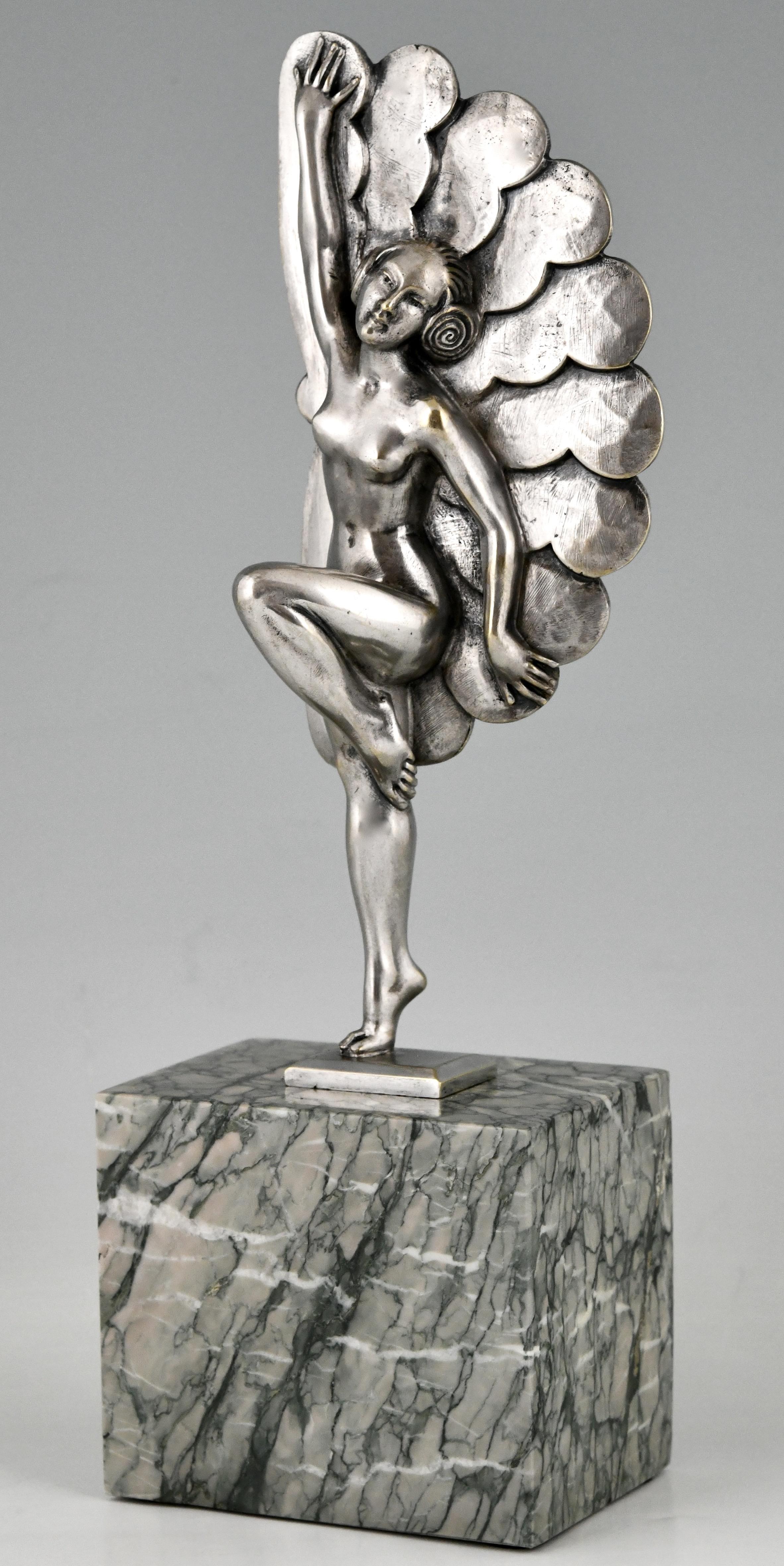 Early 20th Century Art Deco Silvered Bronze Sculpture Dancer with Feathers H. Molins, 1925