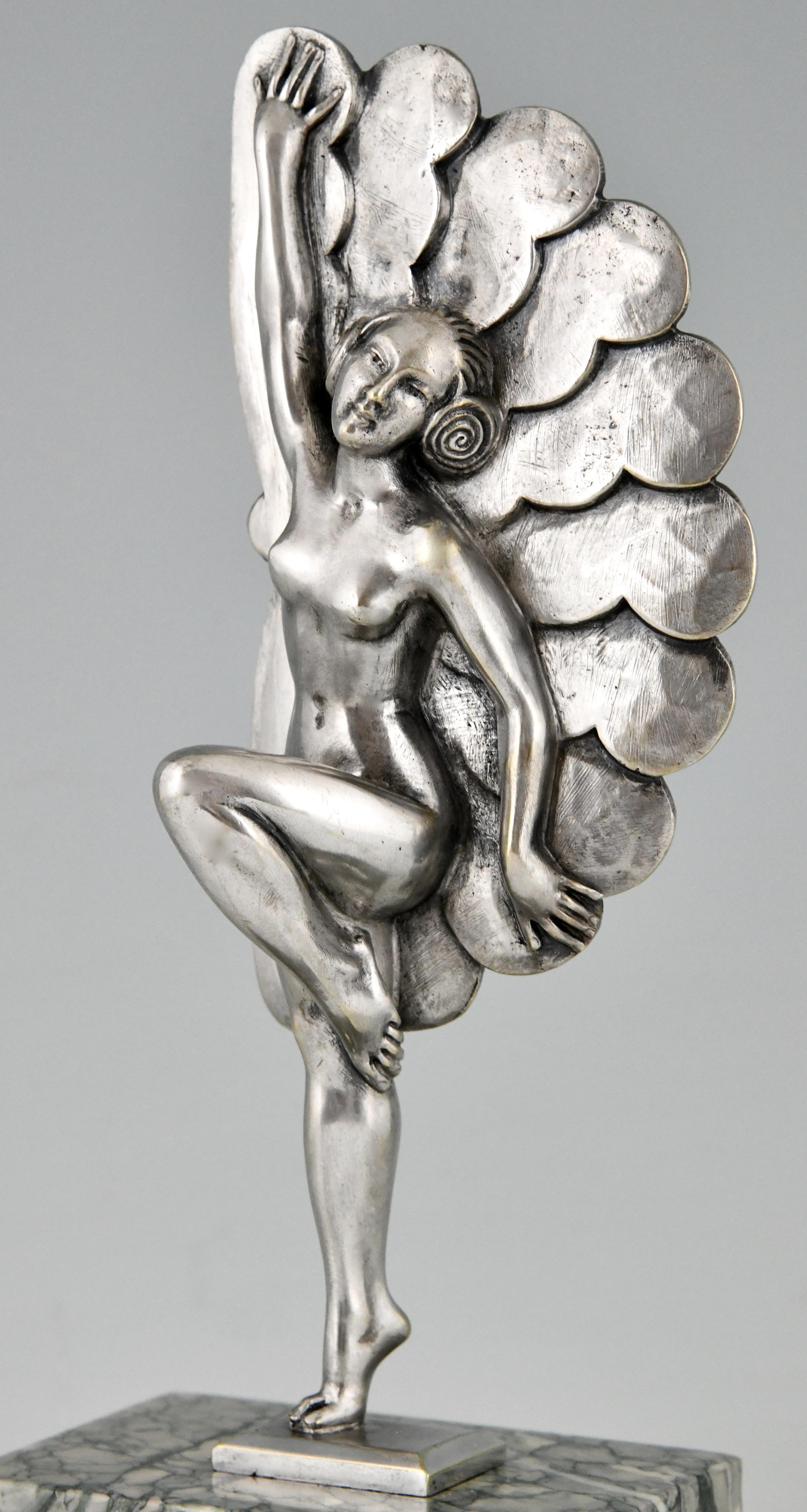 Art Deco Silvered Bronze Sculpture Dancer with Feathers H. Molins, 1925 1