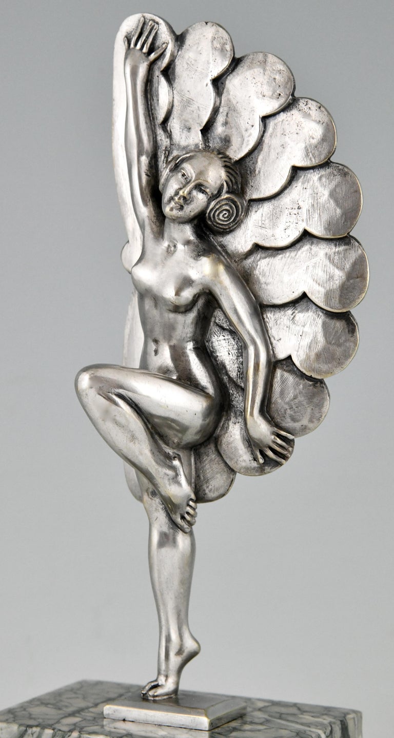 Art Deco Silvered Bronze Sculpture Dancer with Feathers H. Molins, 1925 For Sale 3