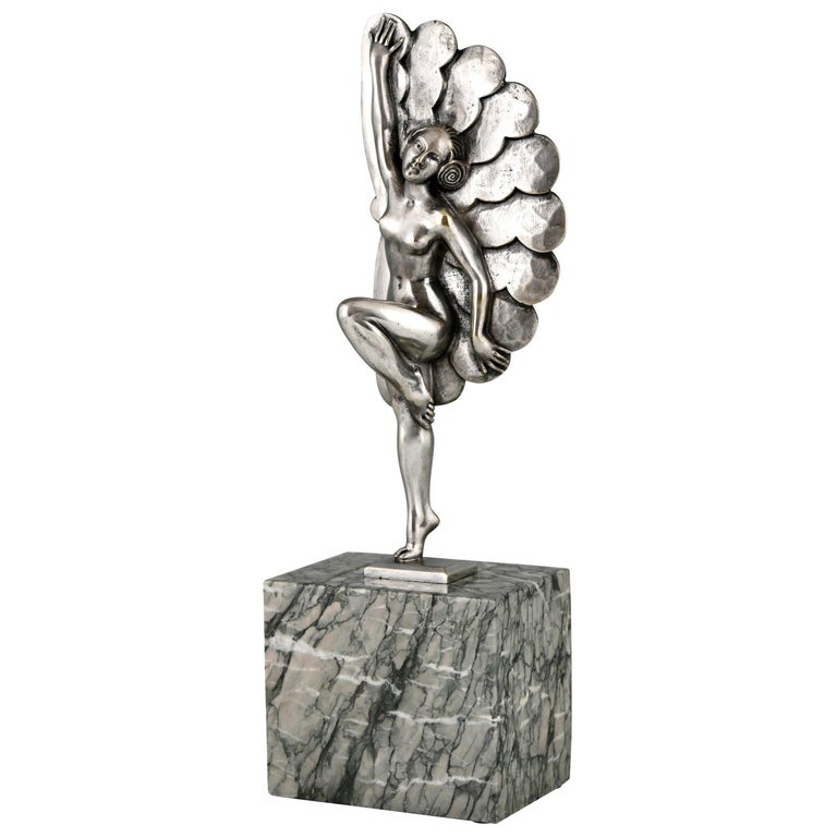 Art Deco Silvered Bronze Sculpture Dancer with Feathers H. Molins, 1925 For Sale