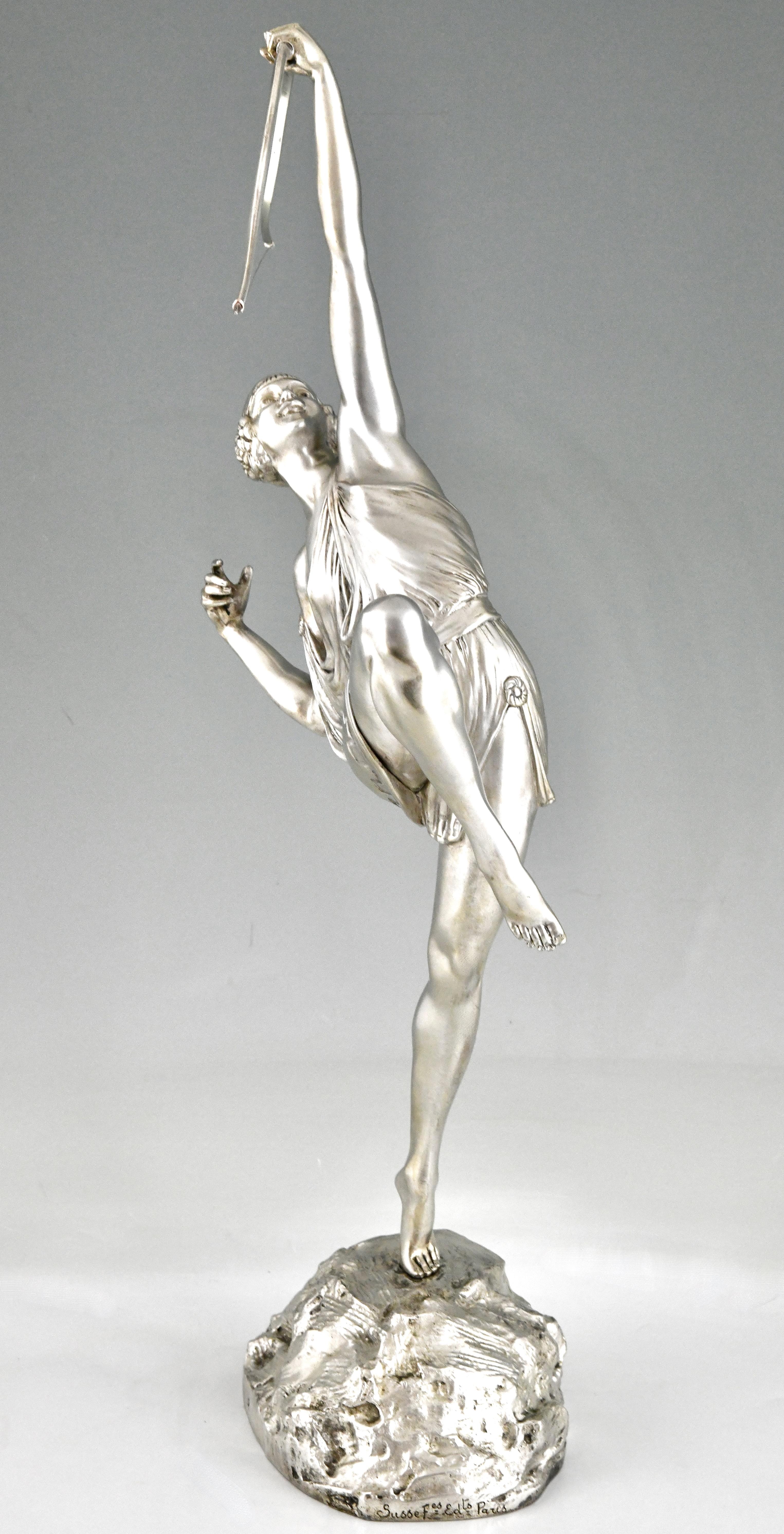 Bronze Art Deco silvered bronze sculpture Diana by Pierre Le Faguays Susse Frères 1925