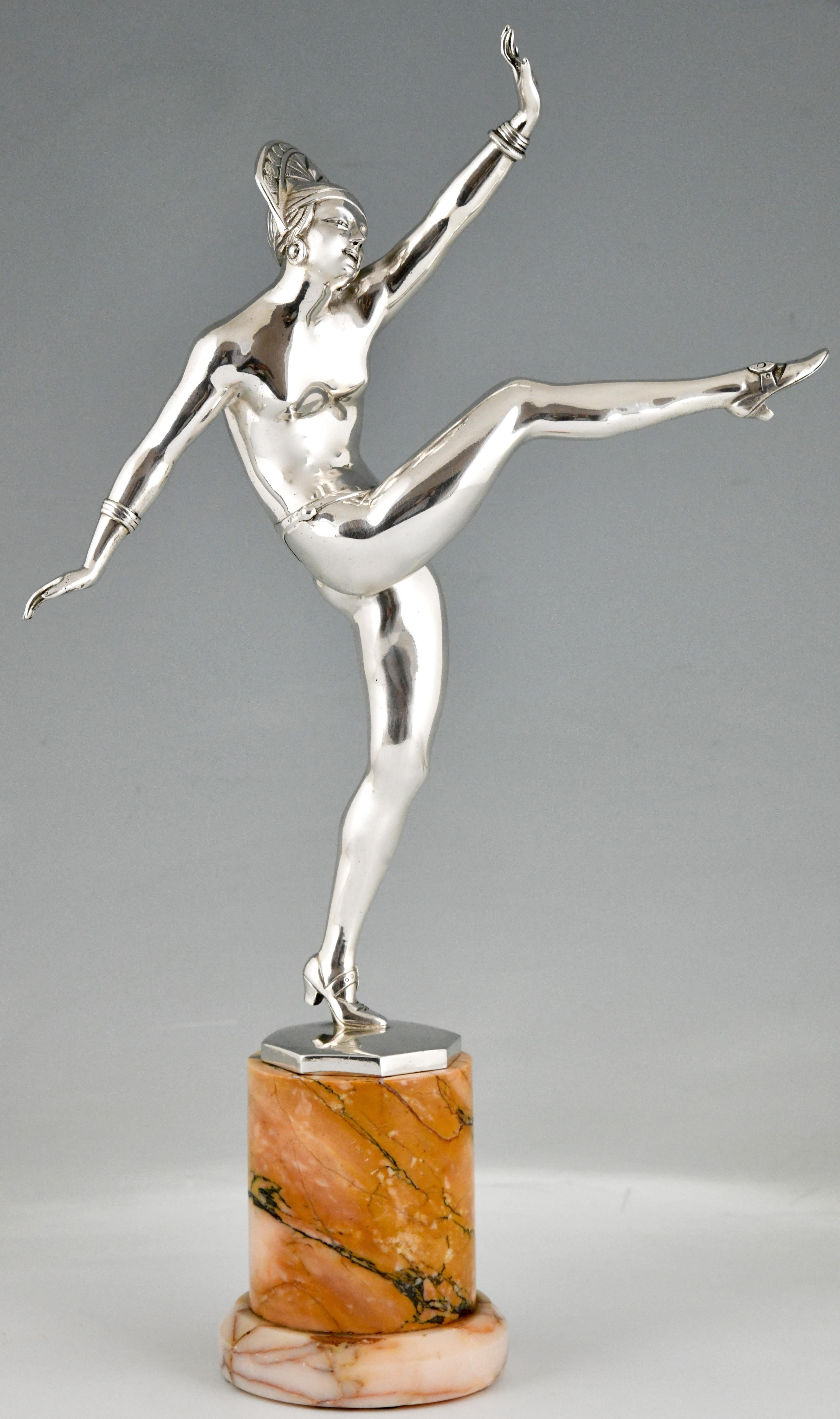 Art Deco Silvered Bronze Sculpture Nude Dancer by J. P. Morante France, 1925 For Sale 7