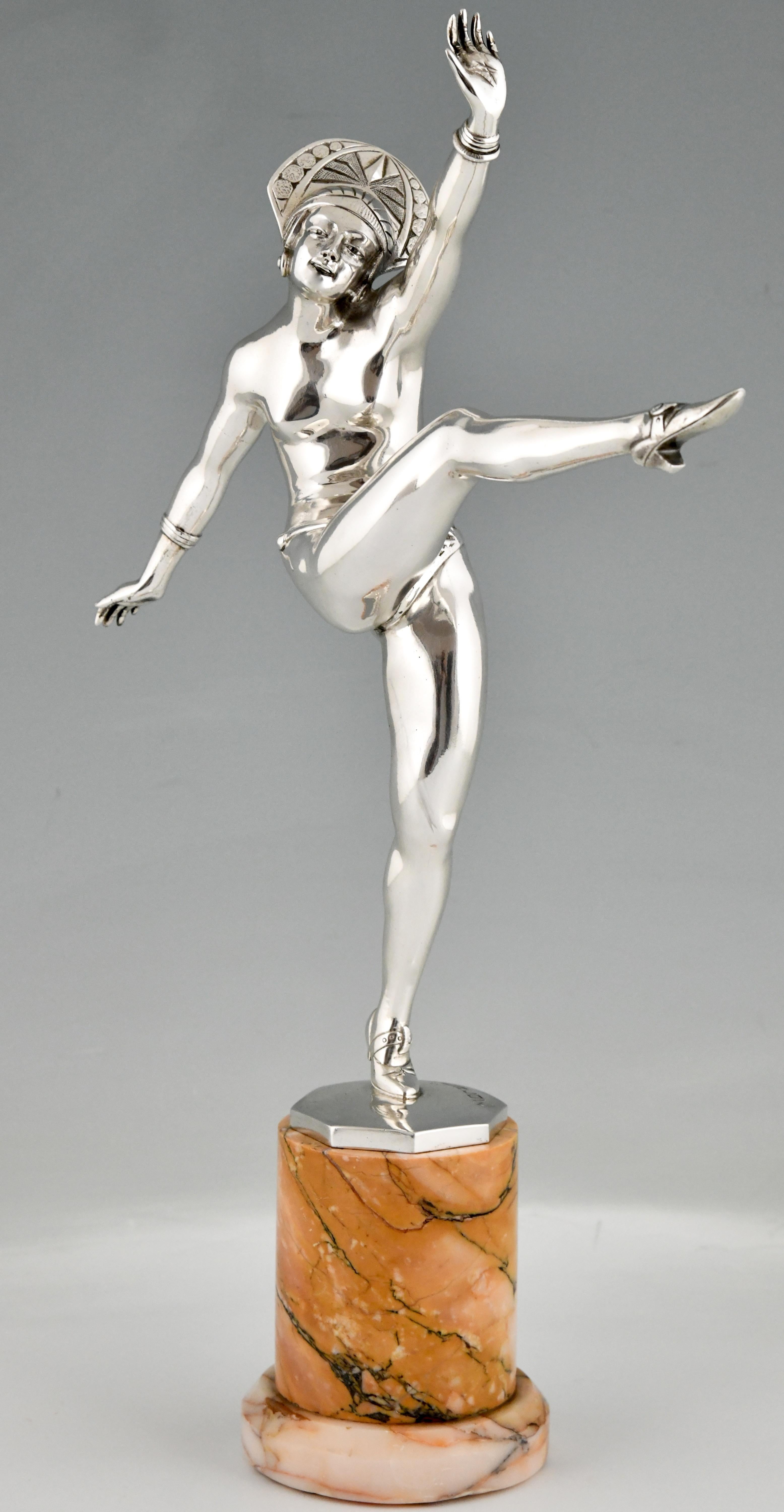 French Art Deco Silvered Bronze Sculpture Nude Dancer by J. P. Morante France, 1925 For Sale