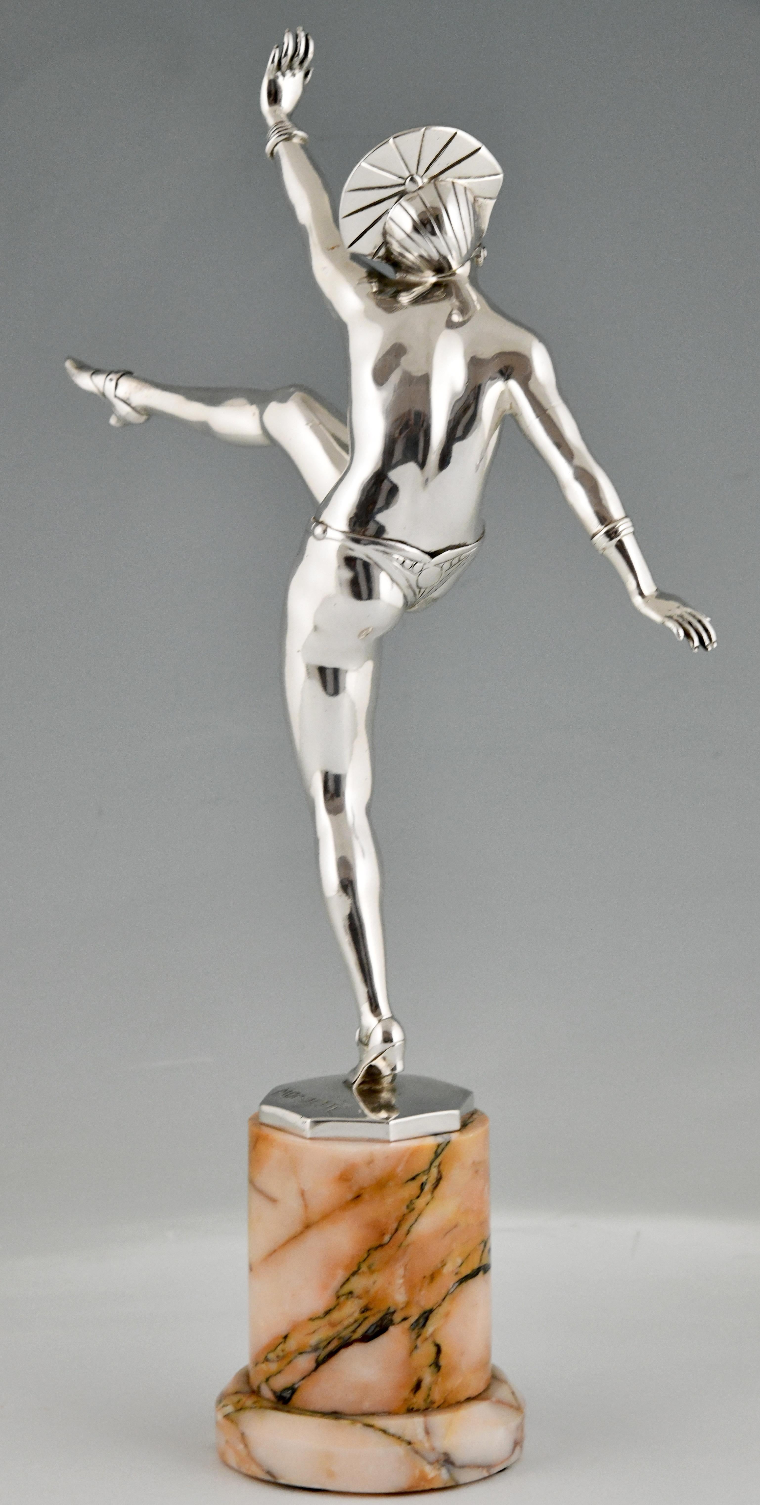 Early 20th Century Art Deco Silvered Bronze Sculpture Nude Dancer by J. P. Morante France, 1925 For Sale