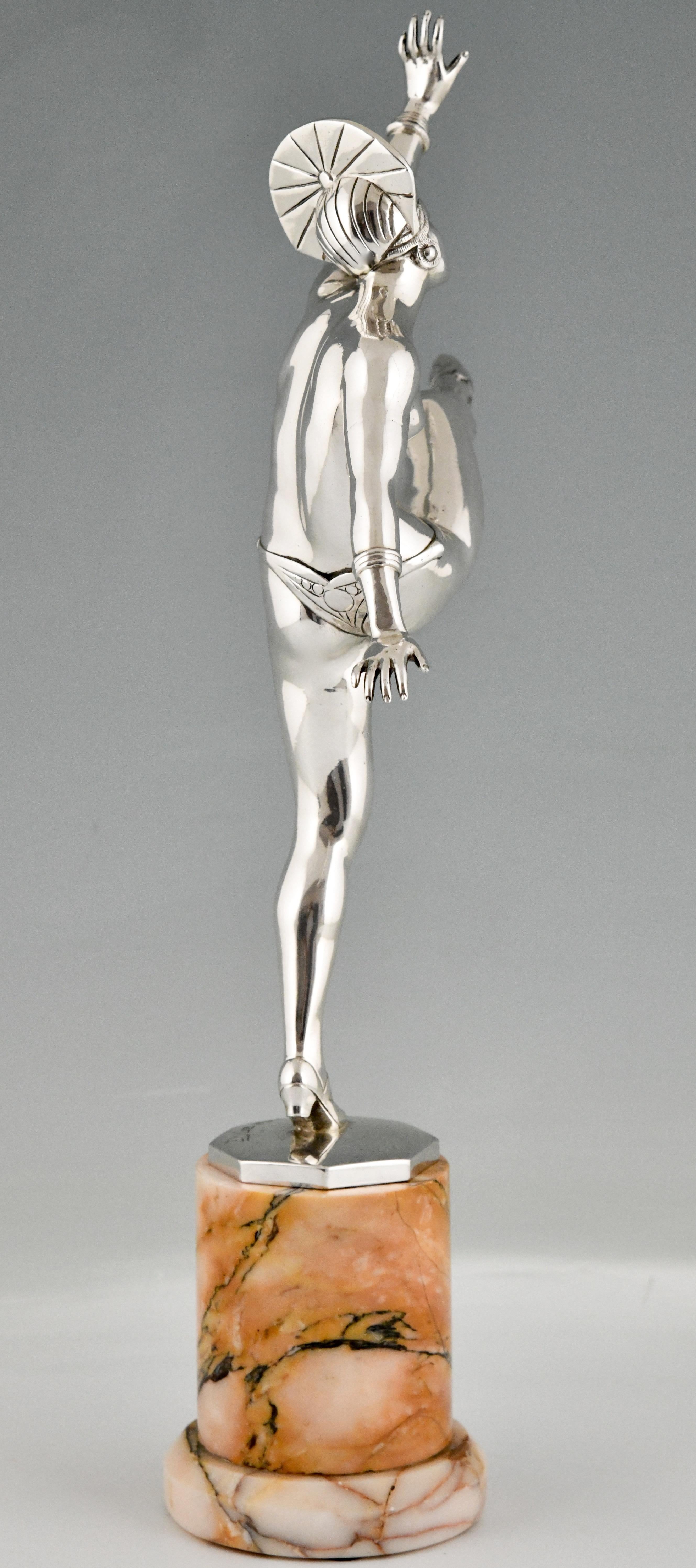 Versilberte Bronzeskulptur Akt Tnzerin im Art dco-Stil von J. P. Morante, Frankreich, 1925 (Frühes 20. Jahrhundert) im Angebot