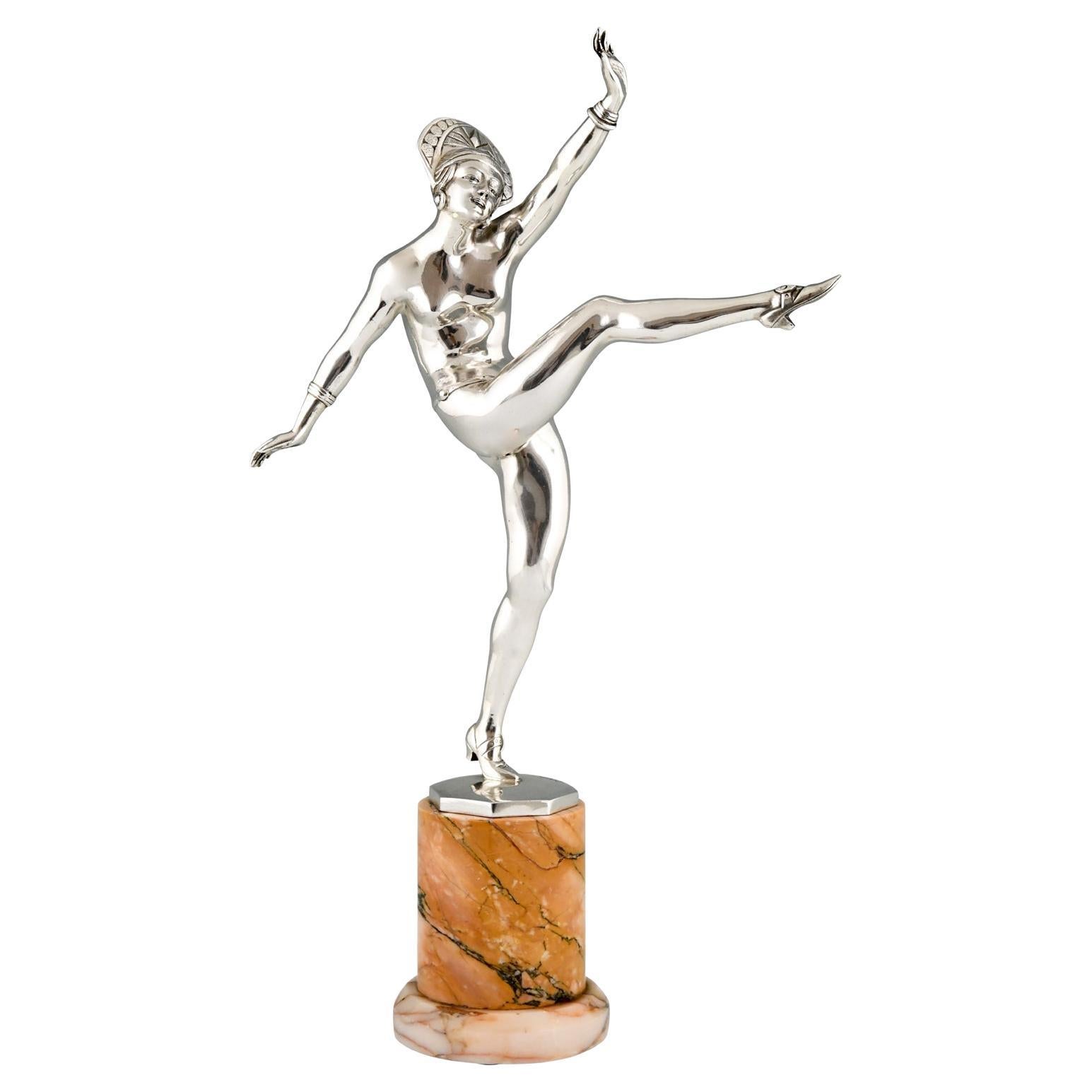 Sculpture en bronze argent Art Dco d'une danseuse nue par J. P. Morante France, 1925