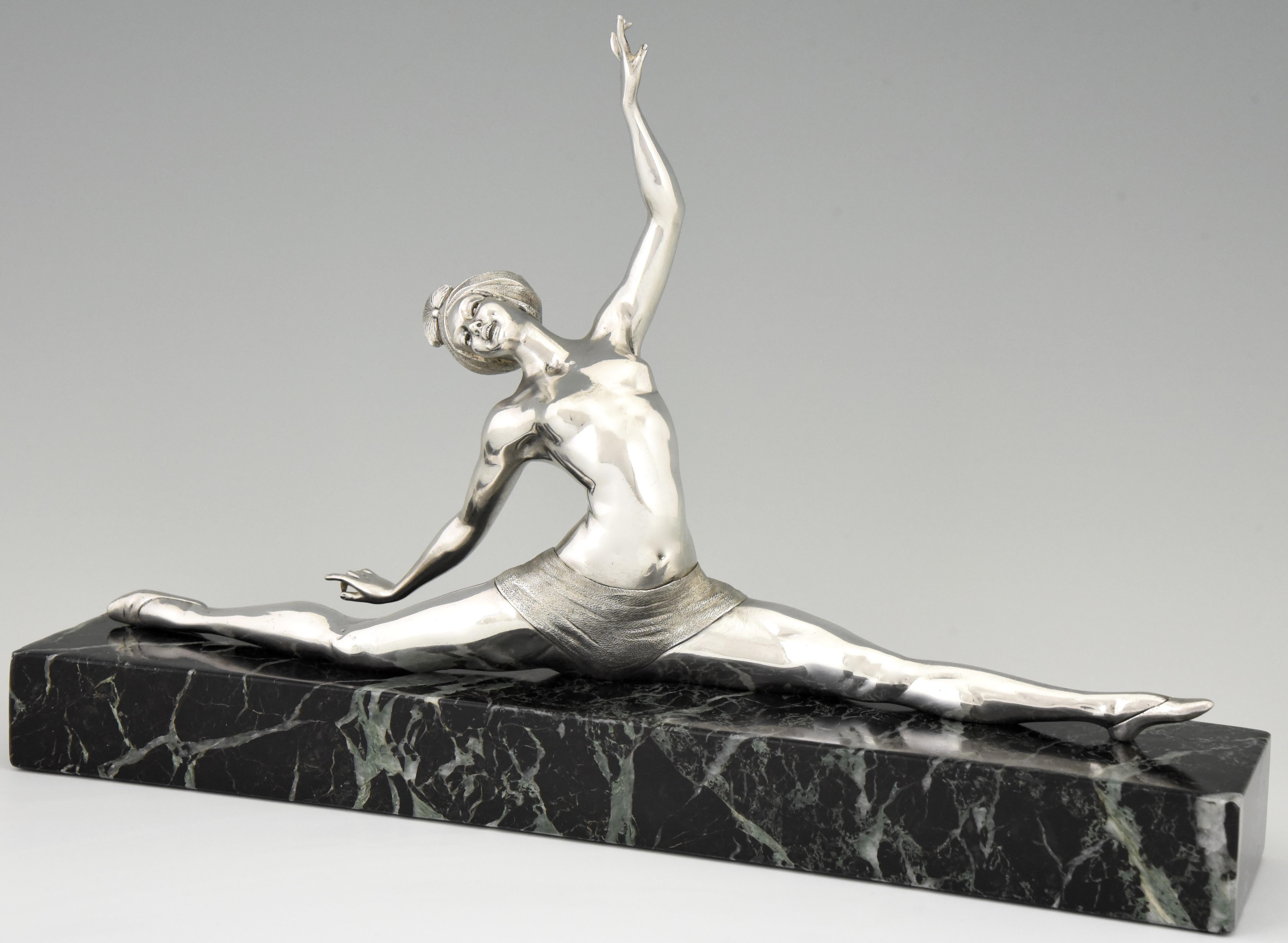 Art Deco silvered bronze sculpture of a female nude dancer in a split pose by the French artist J. P. Morante. The figurine is mounted on a marble base. France 1925. 

This bronze is illustrated on page 224 of ?“Art Deco and other figures” by