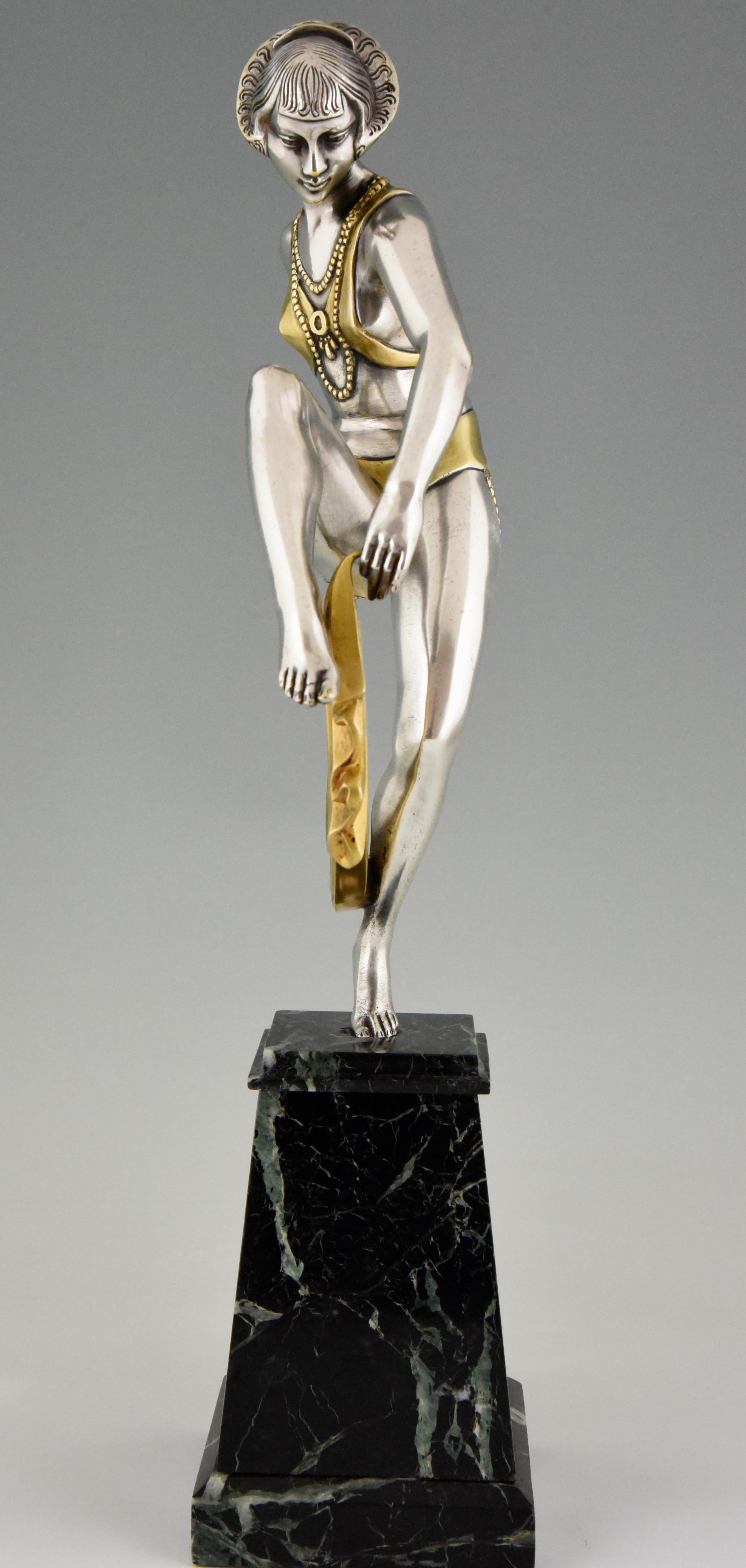 Early 20th Century Art Deco Silvered Bronze Sculpture of Scarf Dancer Raymonde Guerbe, 1925