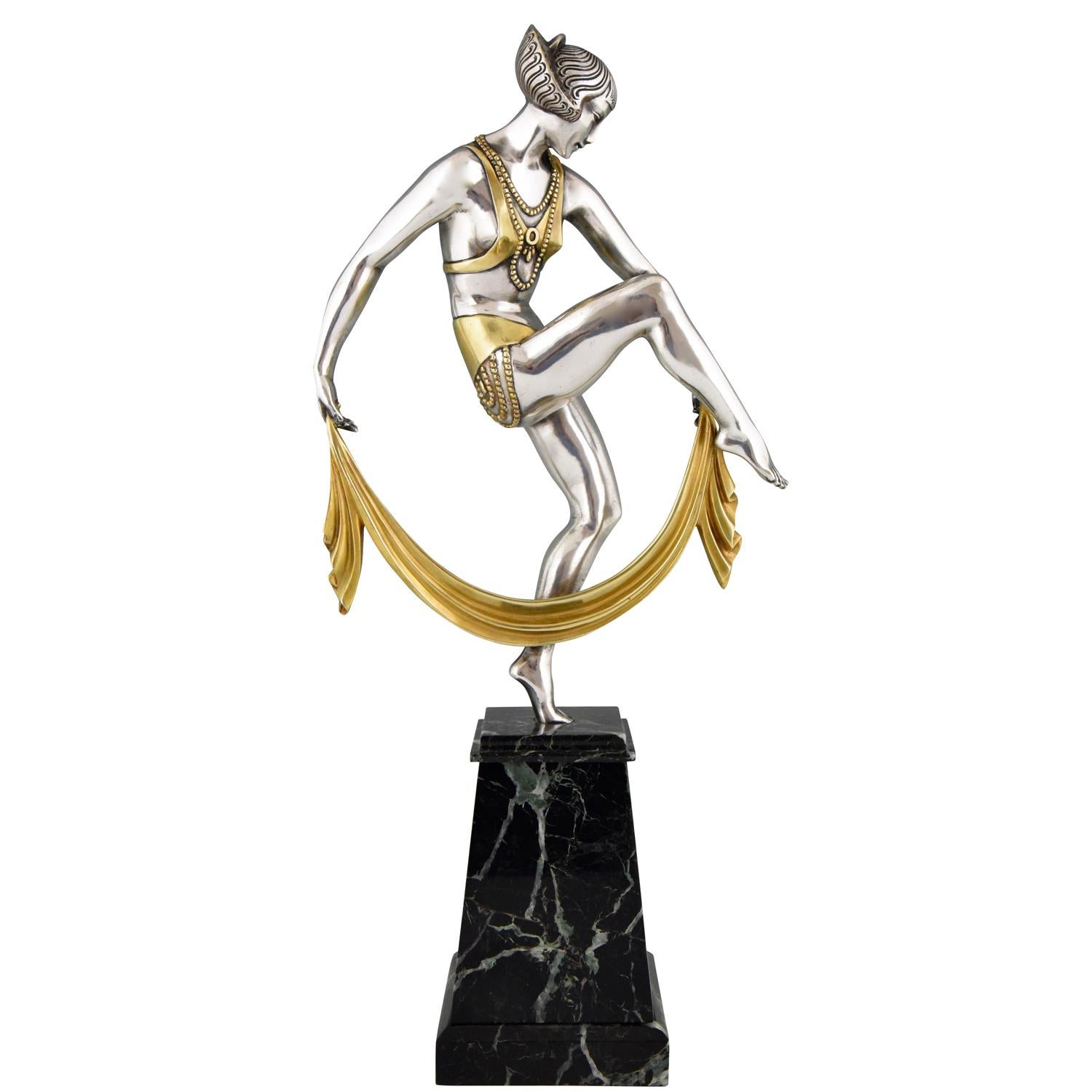 Art Deco Silvered Bronze Sculpture of Scarf Dancer Raymonde Guerbe, 1925