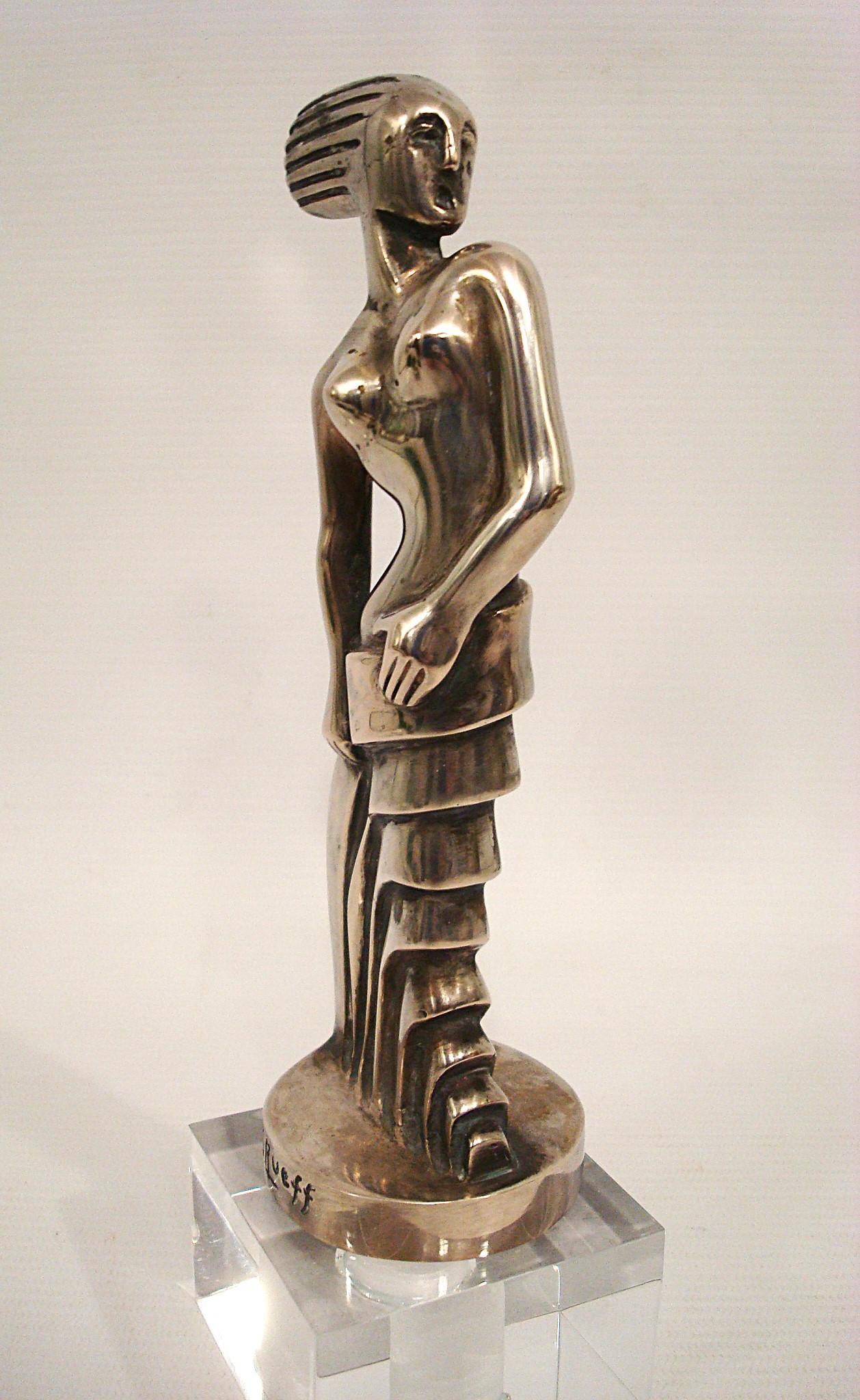 Versilberte Bronzeskulptur einer stehenden Frau im Art déco-Stil von S. Rueff, Frankreich, 1925 (Französisch) im Angebot