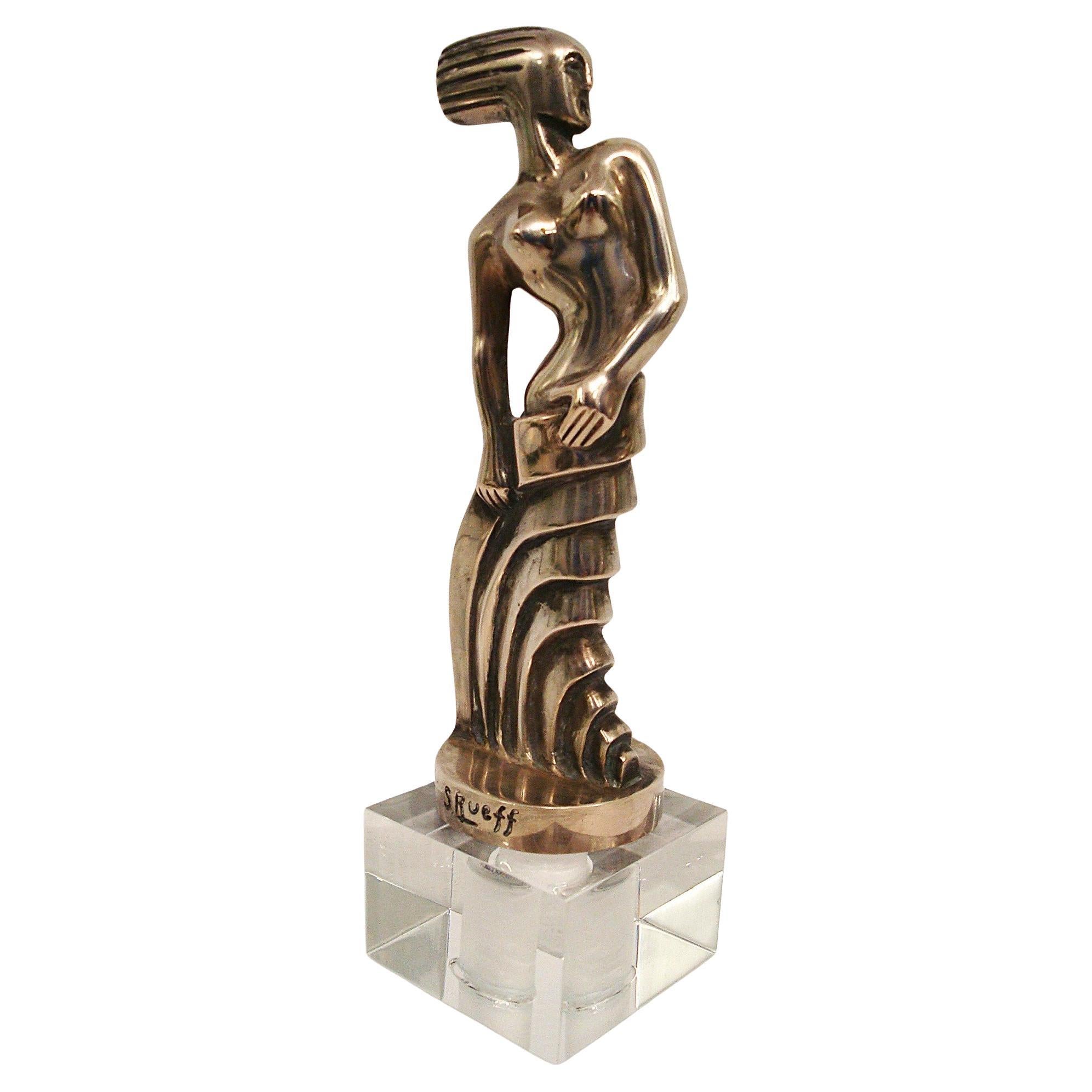 Versilberte Bronzeskulptur einer stehenden Frau im Art déco-Stil von S. Rueff, Frankreich, 1925 im Angebot