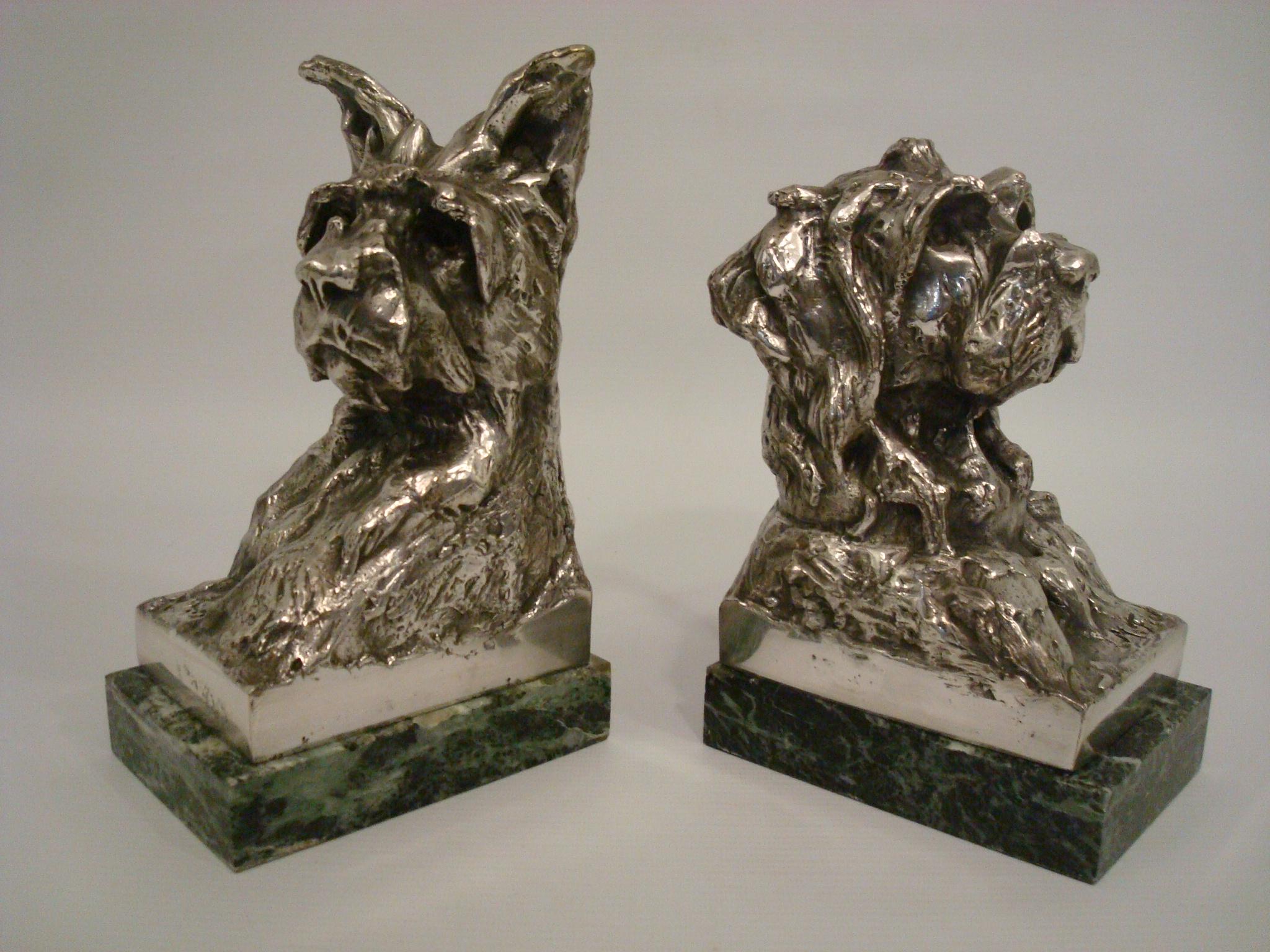 Art Deco Silvered Bronze Sculpture Terrier Dog Bust Bookends M. Louis Fiot, 1920 For Sale 6