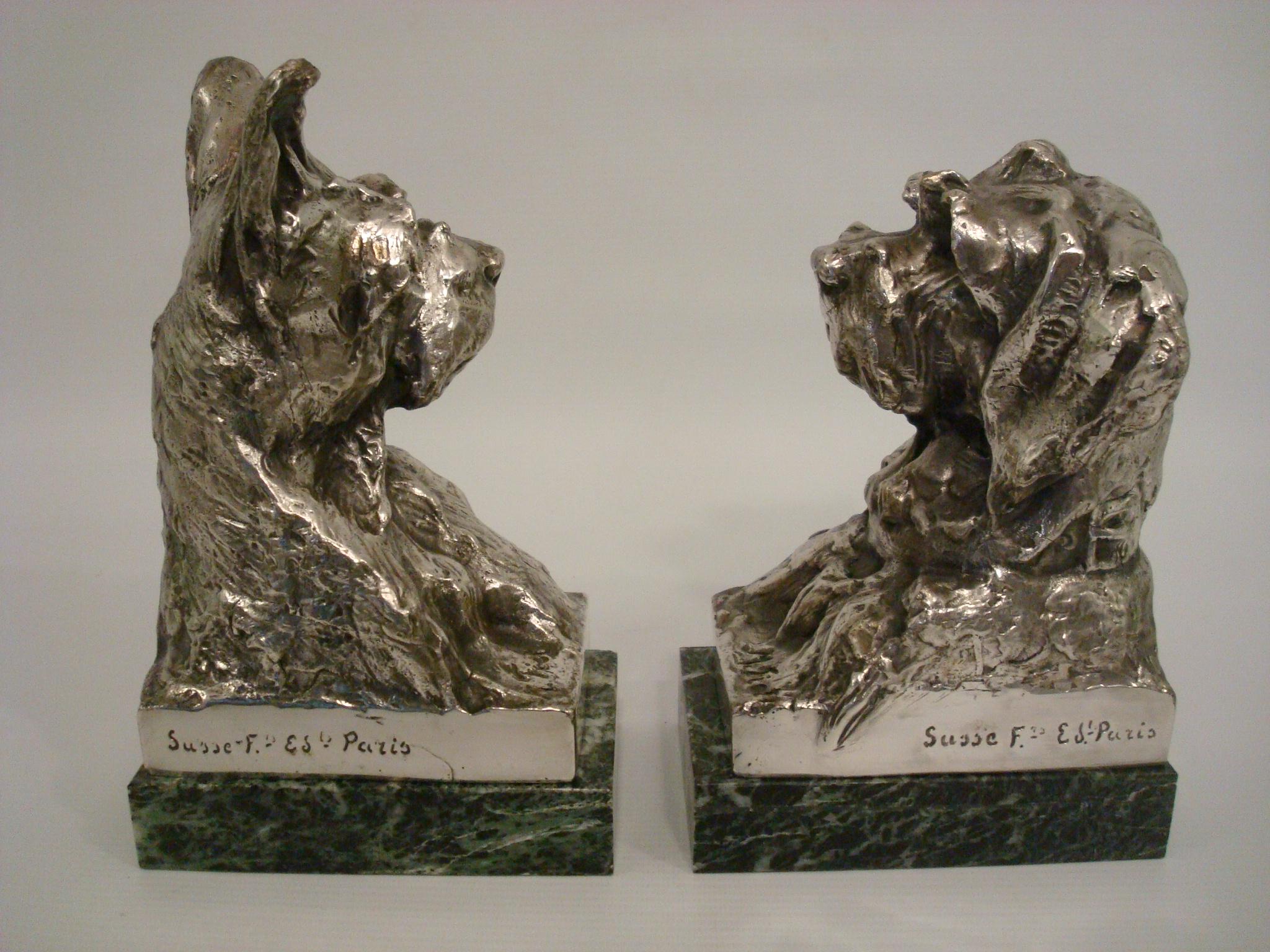 Art Deco Silvered Bronze Sculpture Terrier Dog Bust Bookends M. Louis Fiot, 1920 For Sale 1