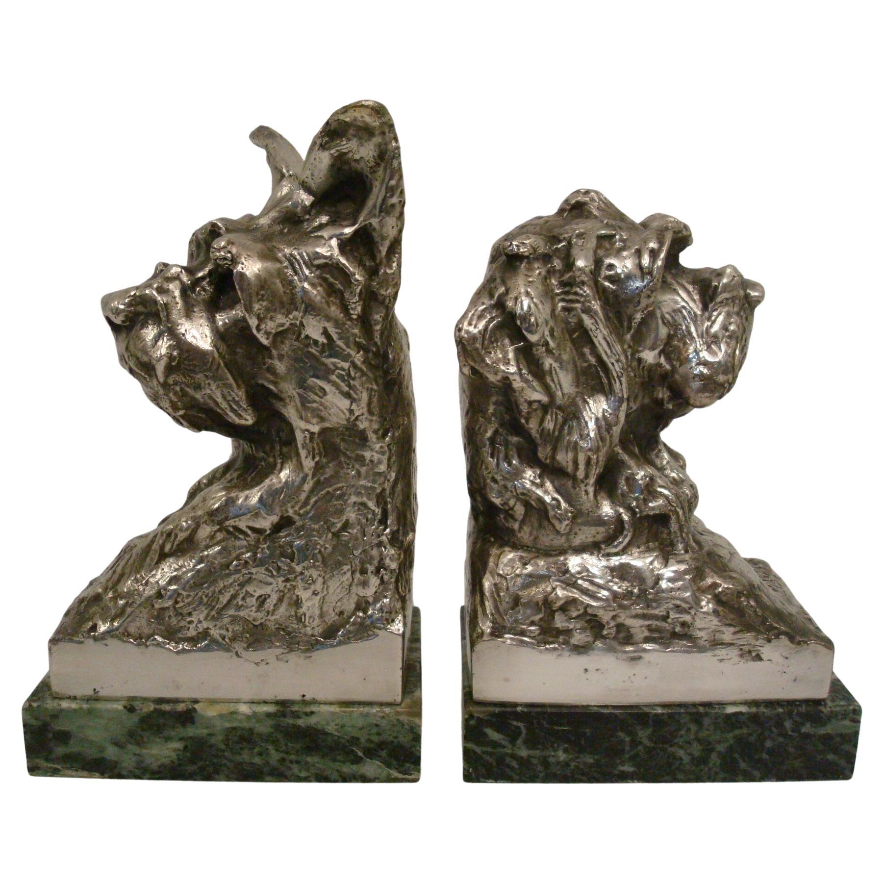 Art Deco Silvered Bronze Sculpture Terrier Dog Bust Bookends M. Louis Fiot, 1920