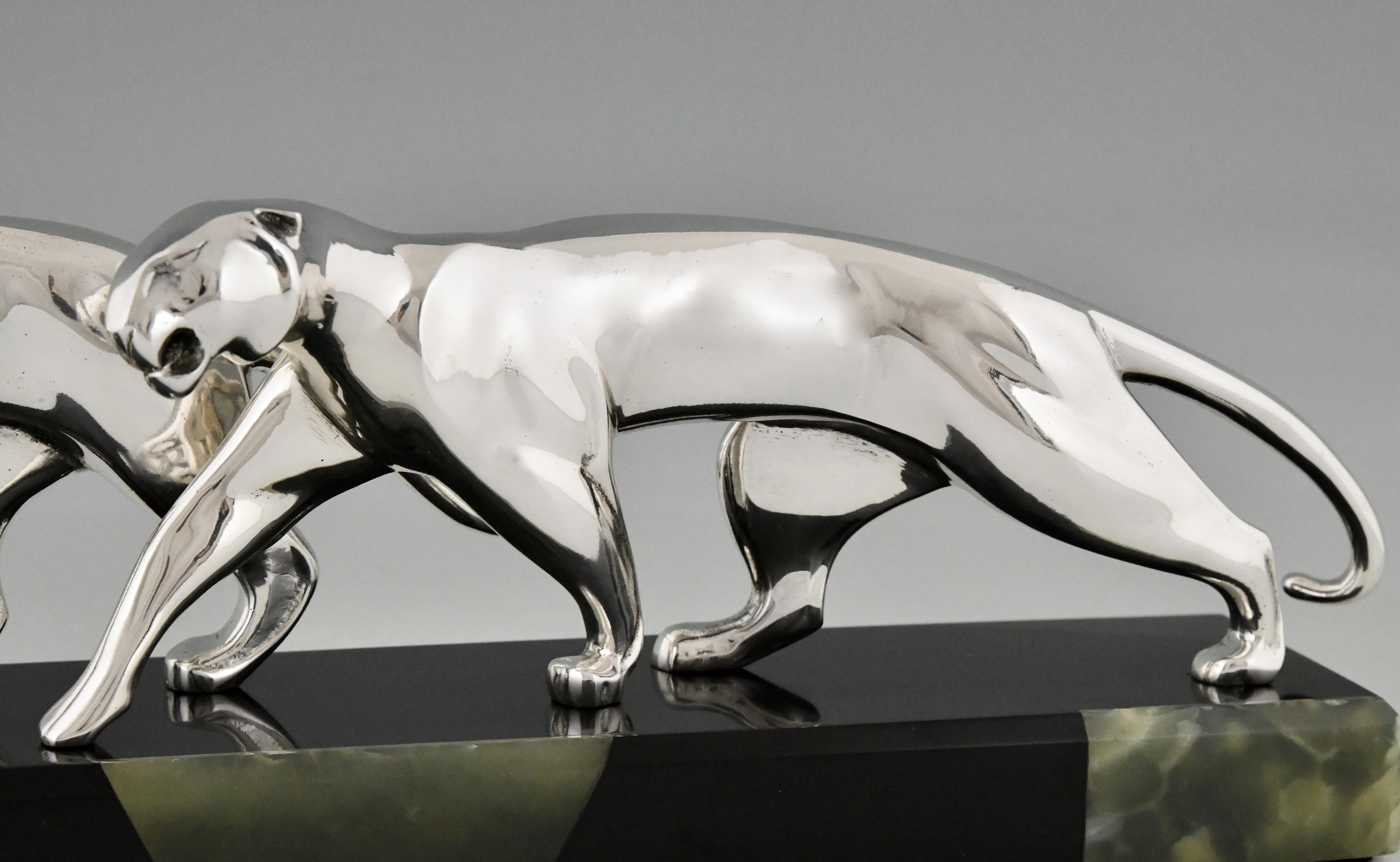 Art Deco Silvered Bronze Sculpture Two Panthers by Michel Decoux France 1920 5