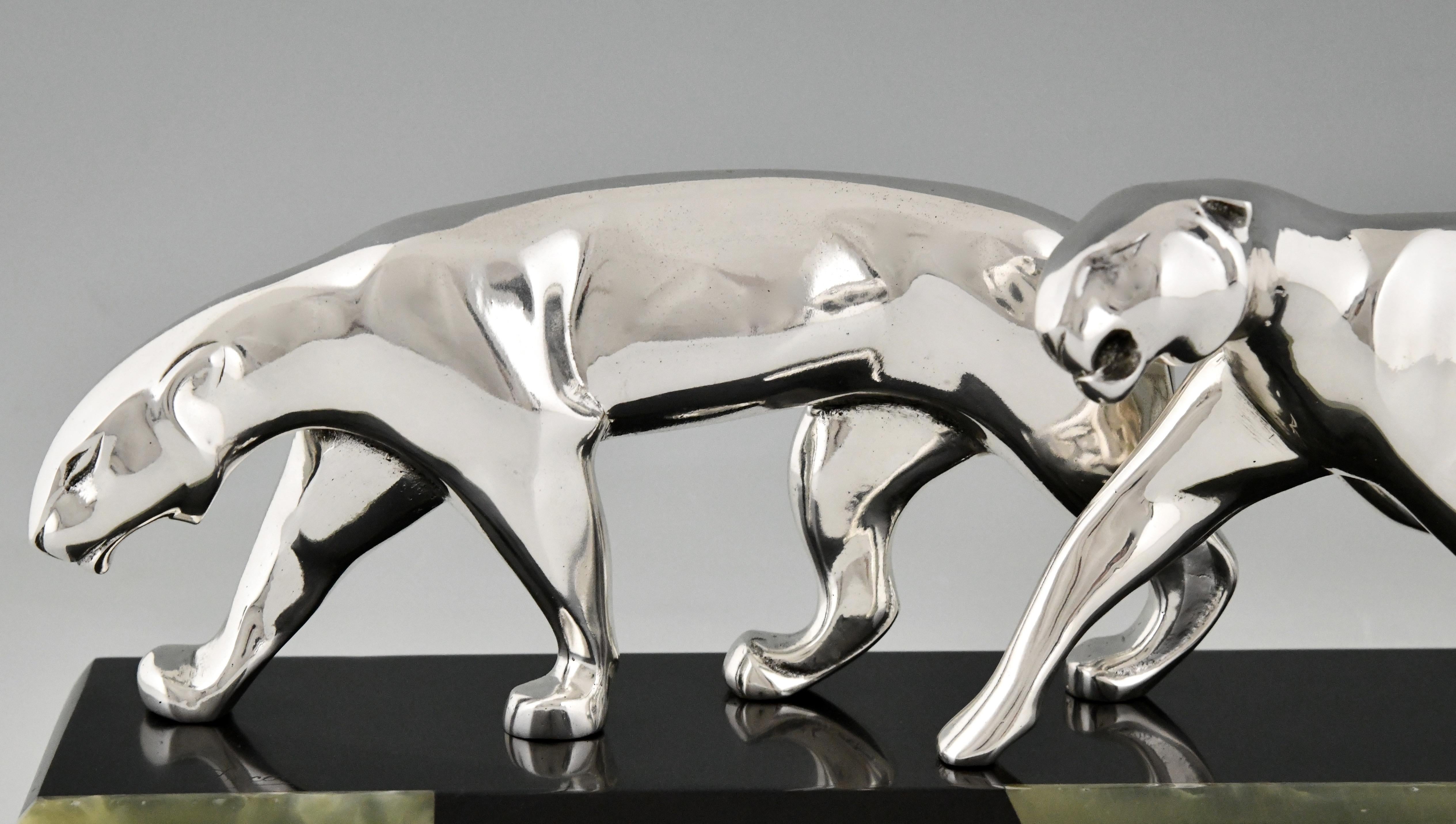 Art Deco Silvered Bronze Sculpture Two Panthers by Michel Decoux France 1920 6