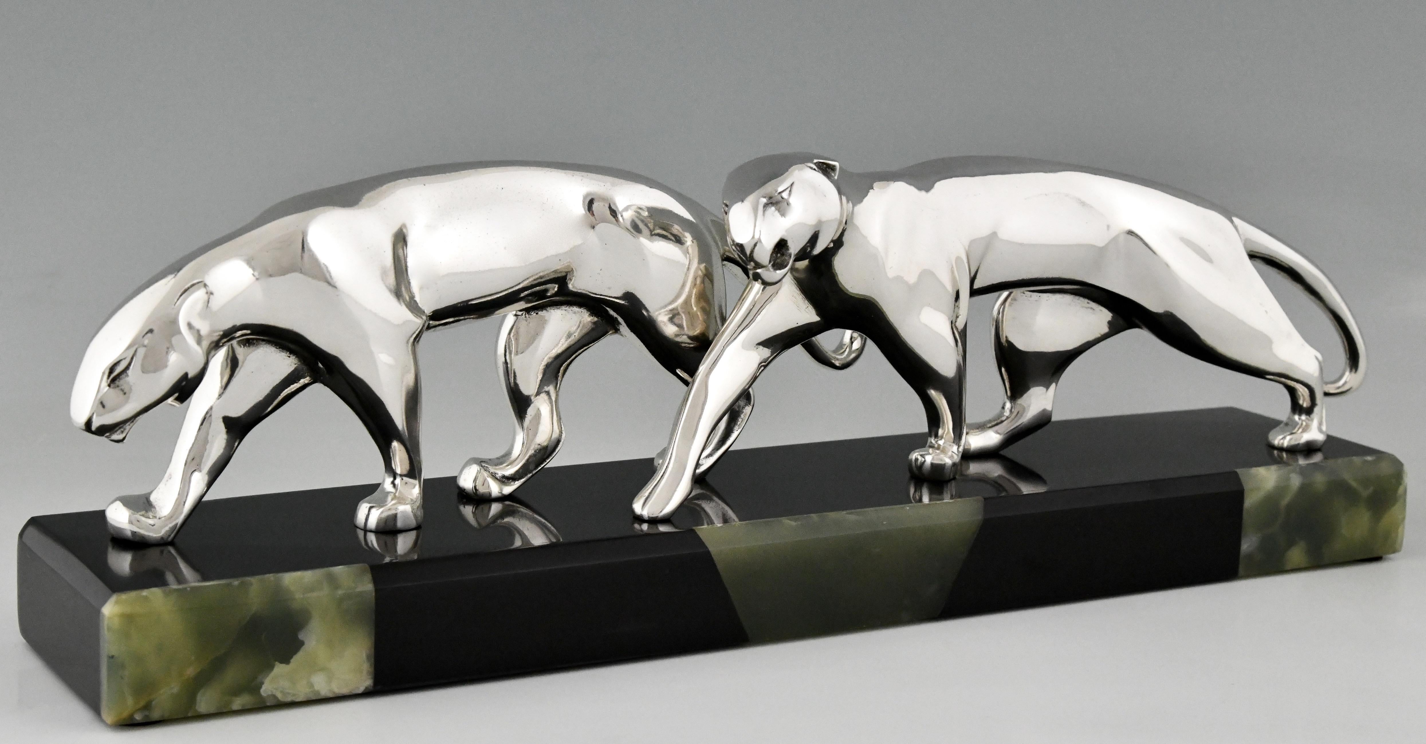 French Art Deco Silvered Bronze Sculpture Two Panthers by Michel Decoux France 1920