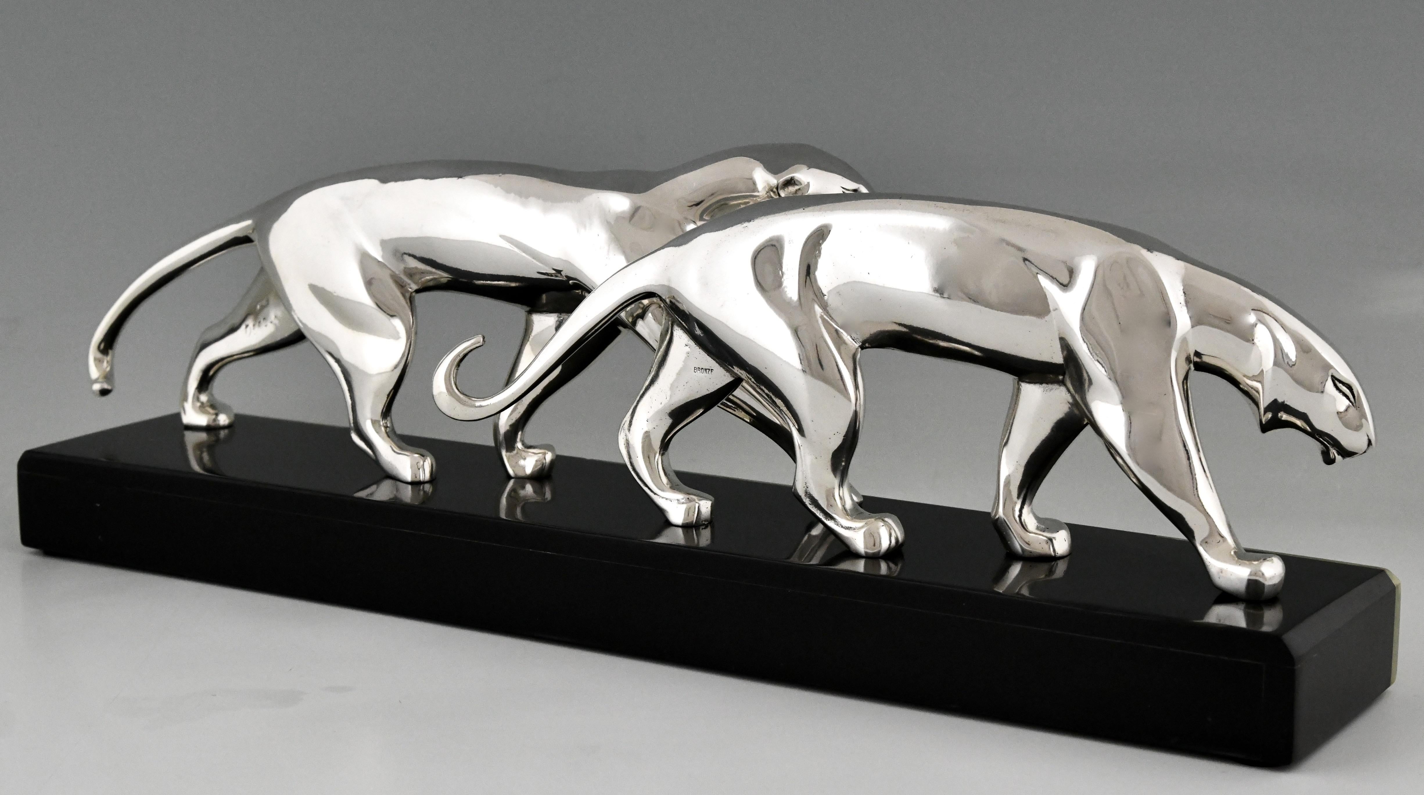 Early 20th Century Art Deco Silvered Bronze Sculpture Two Panthers by Michel Decoux France 1920