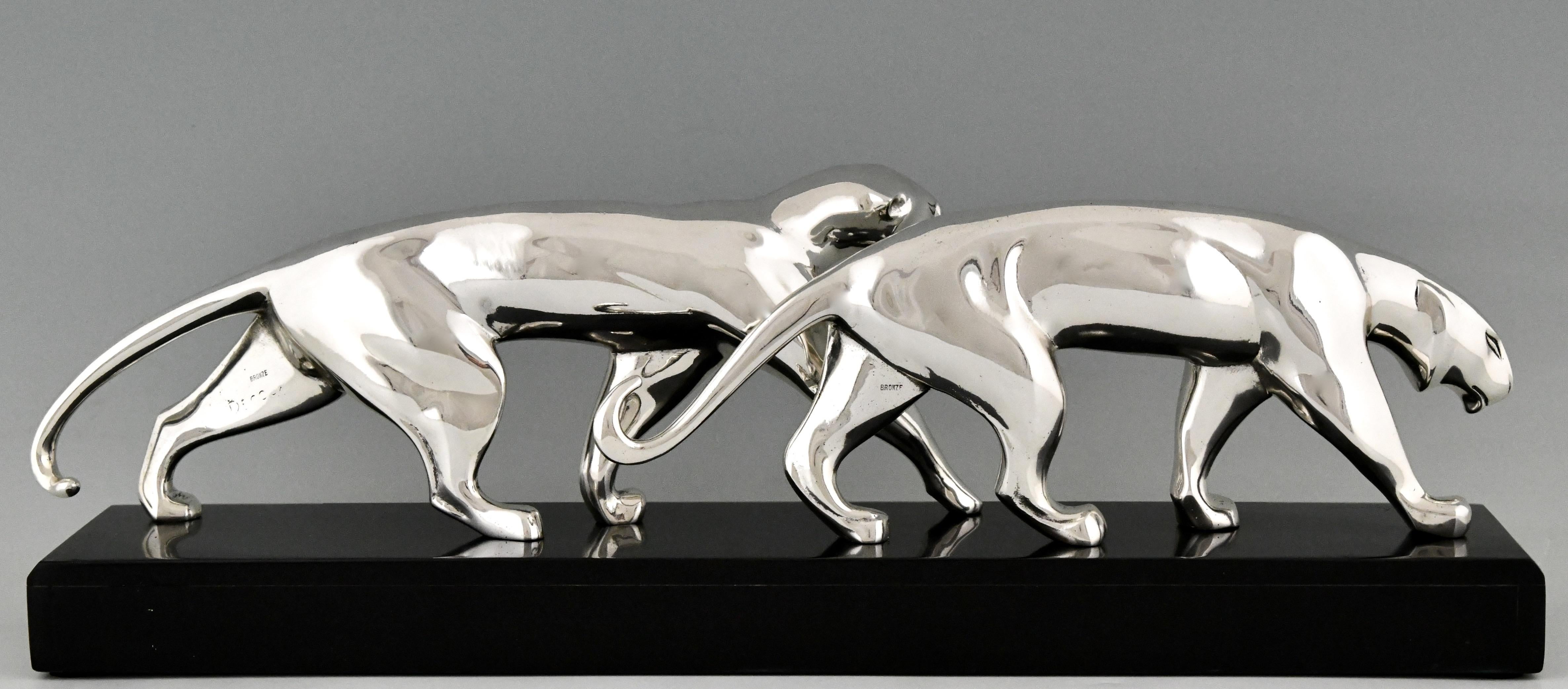 Art Deco Silvered Bronze Sculpture Two Panthers by Michel Decoux France 1920 1