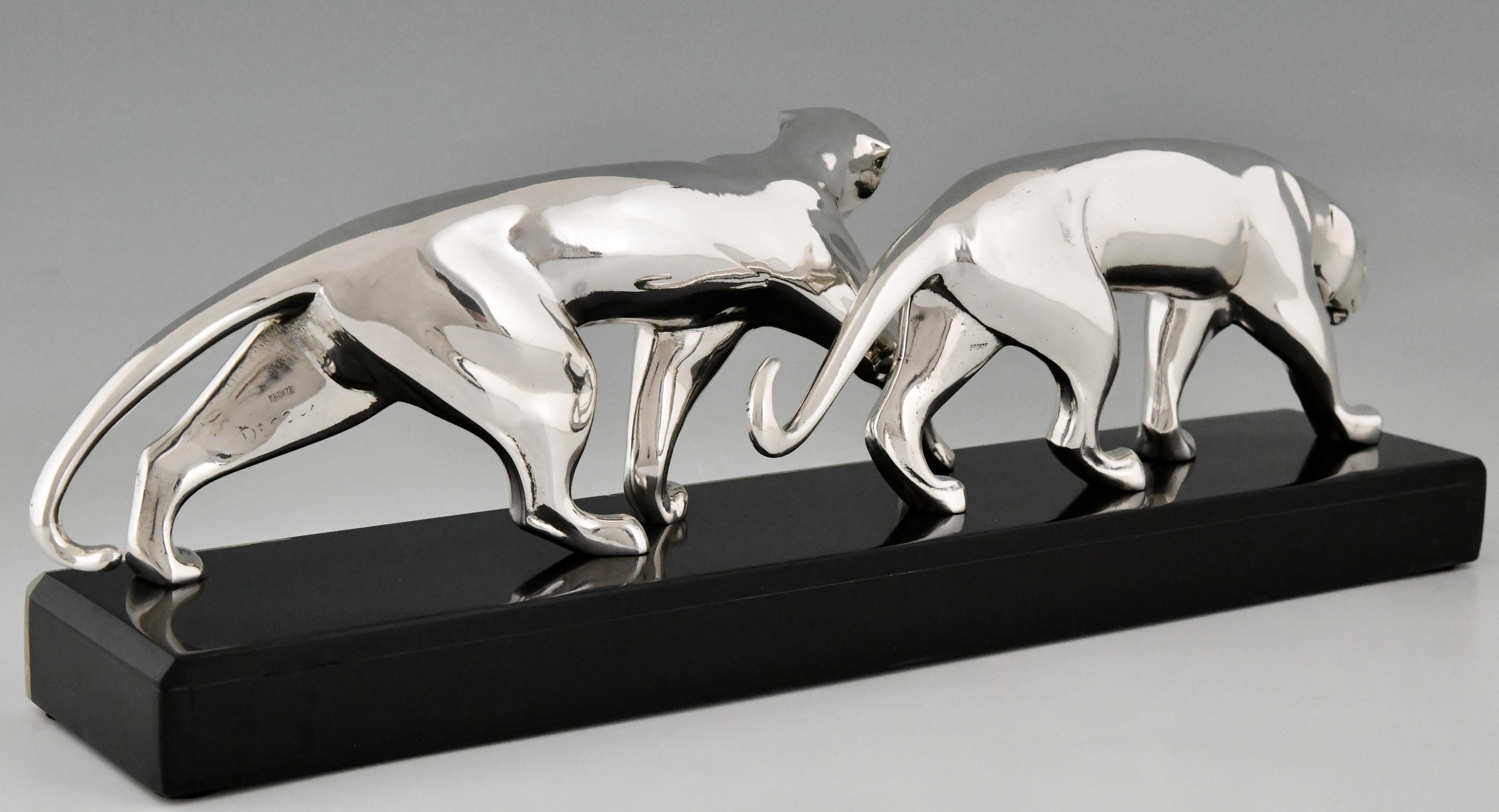 Art Deco Silvered Bronze Sculpture Two Panthers by Michel Decoux France 1920 2