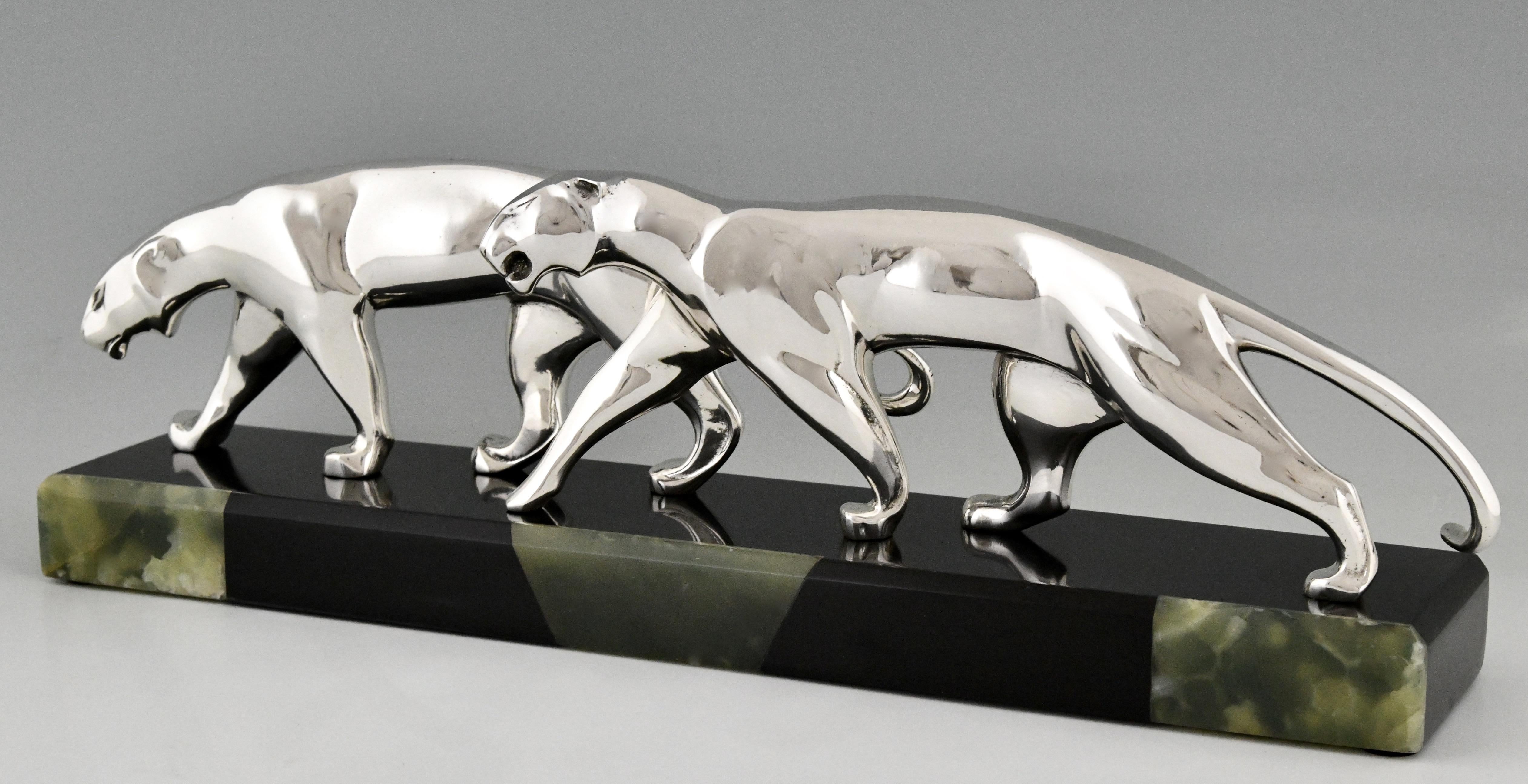 Art Deco Silvered Bronze Sculpture Two Panthers by Michel Decoux France 1920 4