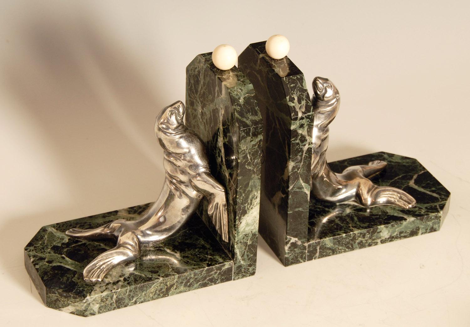 Art Deco Silvered Bronze Sea Lions on Marble Base Bookends by Maurice Frecourt For Sale 5