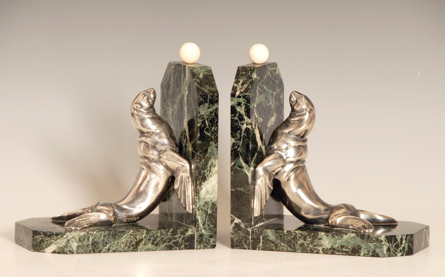 20th Century Art Deco Silvered Bronze Sea Lions on Marble Base Bookends by Maurice Frecourt For Sale