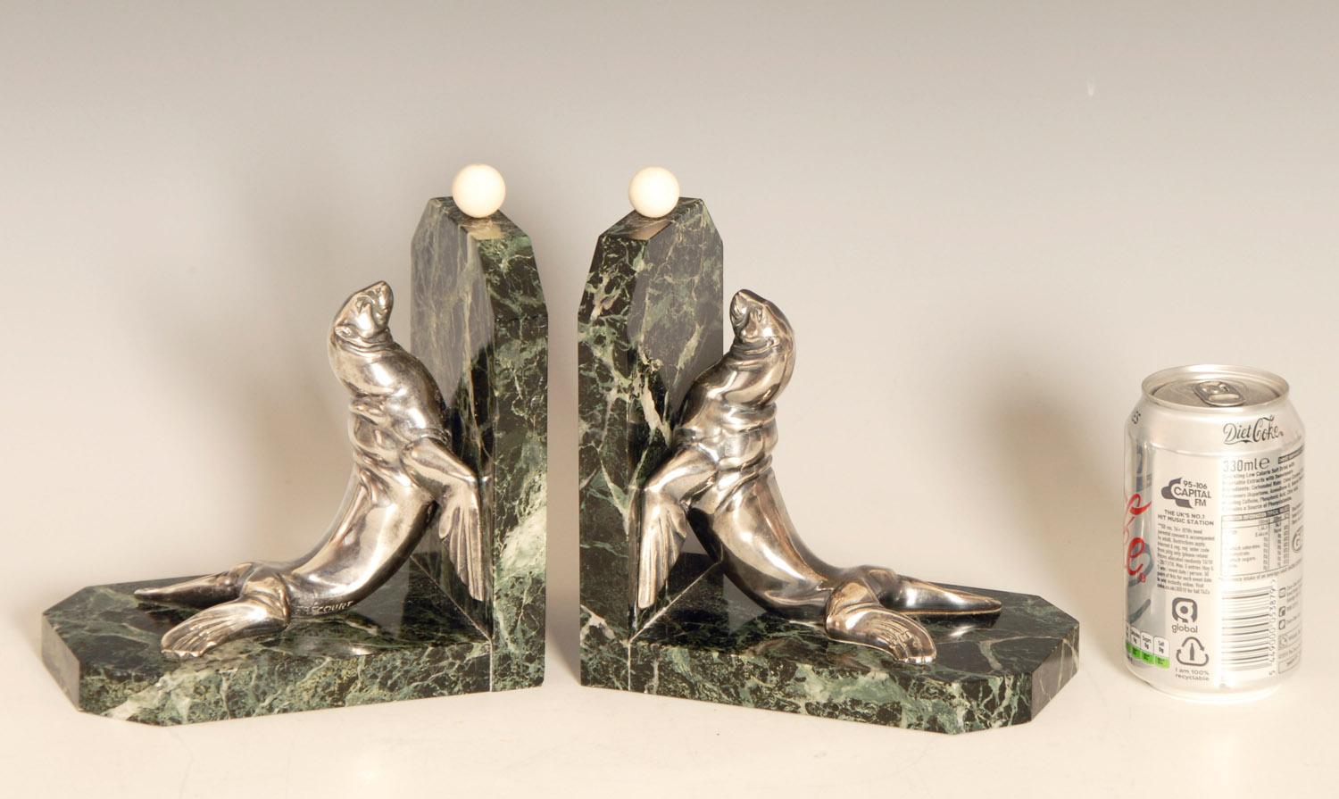 Art Deco Silvered Bronze Sea Lions on Marble Base Bookends by Maurice Frecourt For Sale 1