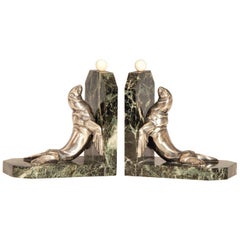 Art Deco Silvered Bronze Sea Lions on Marble Base Bookends by Maurice Frecourt