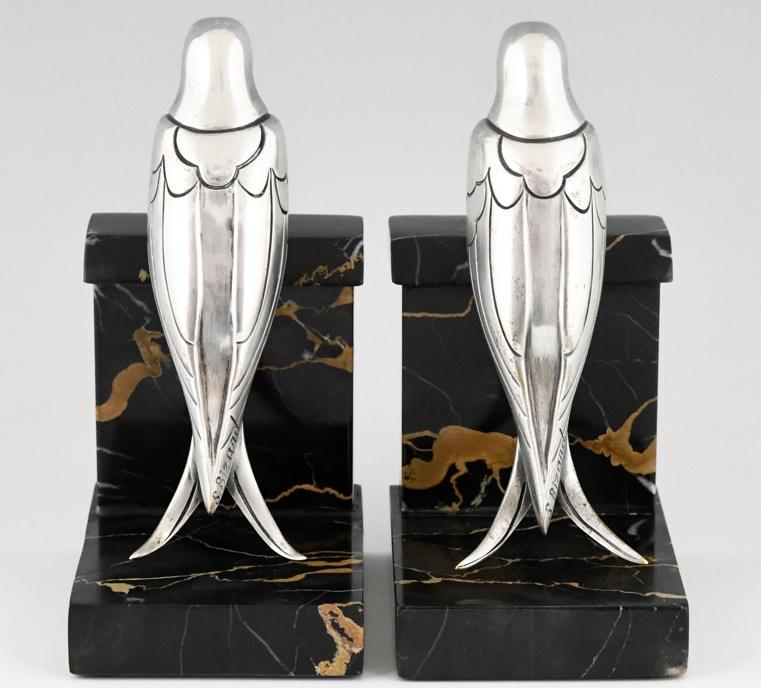 French Art Deco Silvered Bronze Swallow Bookends Suzanne Bizard, France, 1930