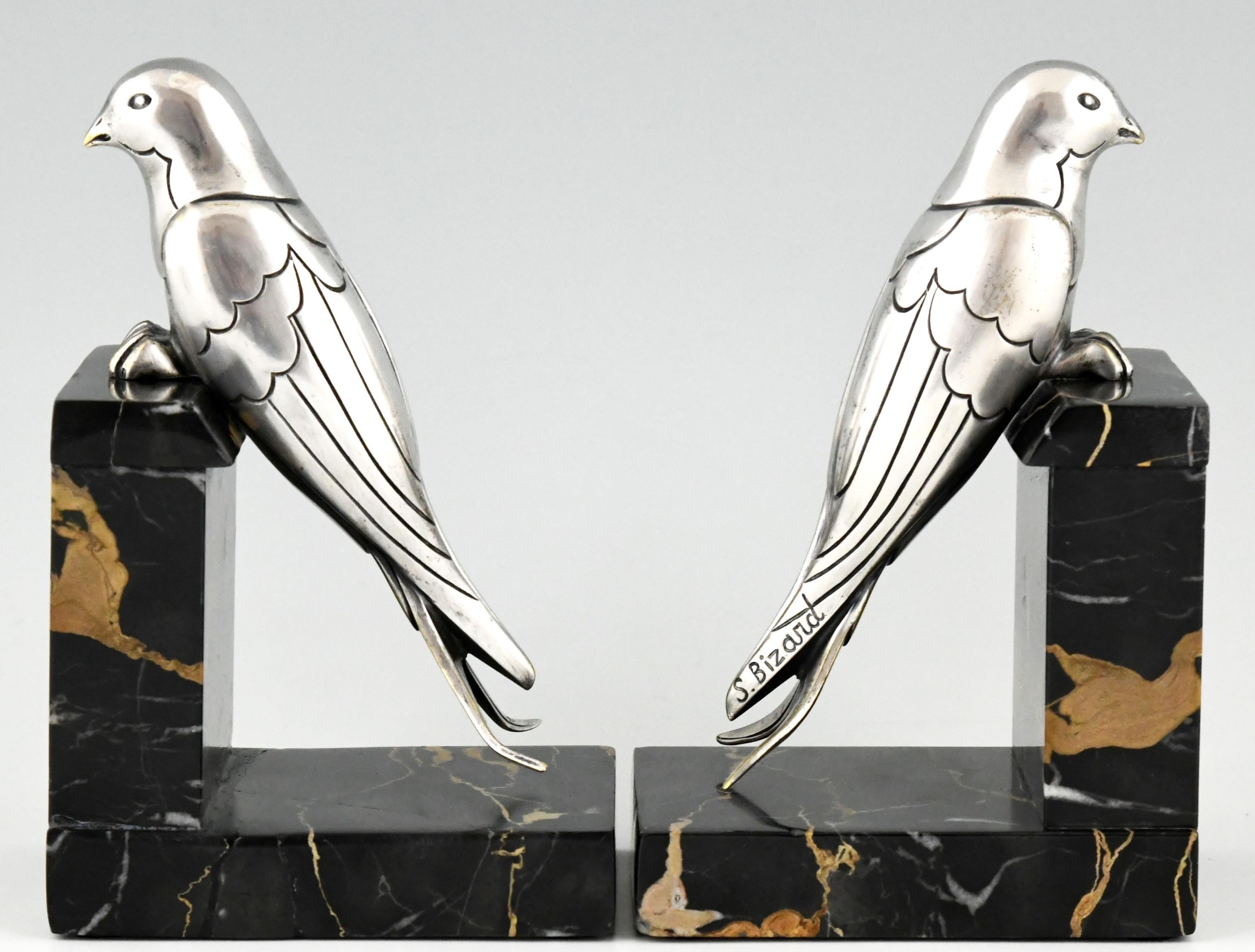 Art Deco Silvered Bronze Swallow Bookends Suzanne Bizard, France, 1930 In Good Condition In Antwerp, BE