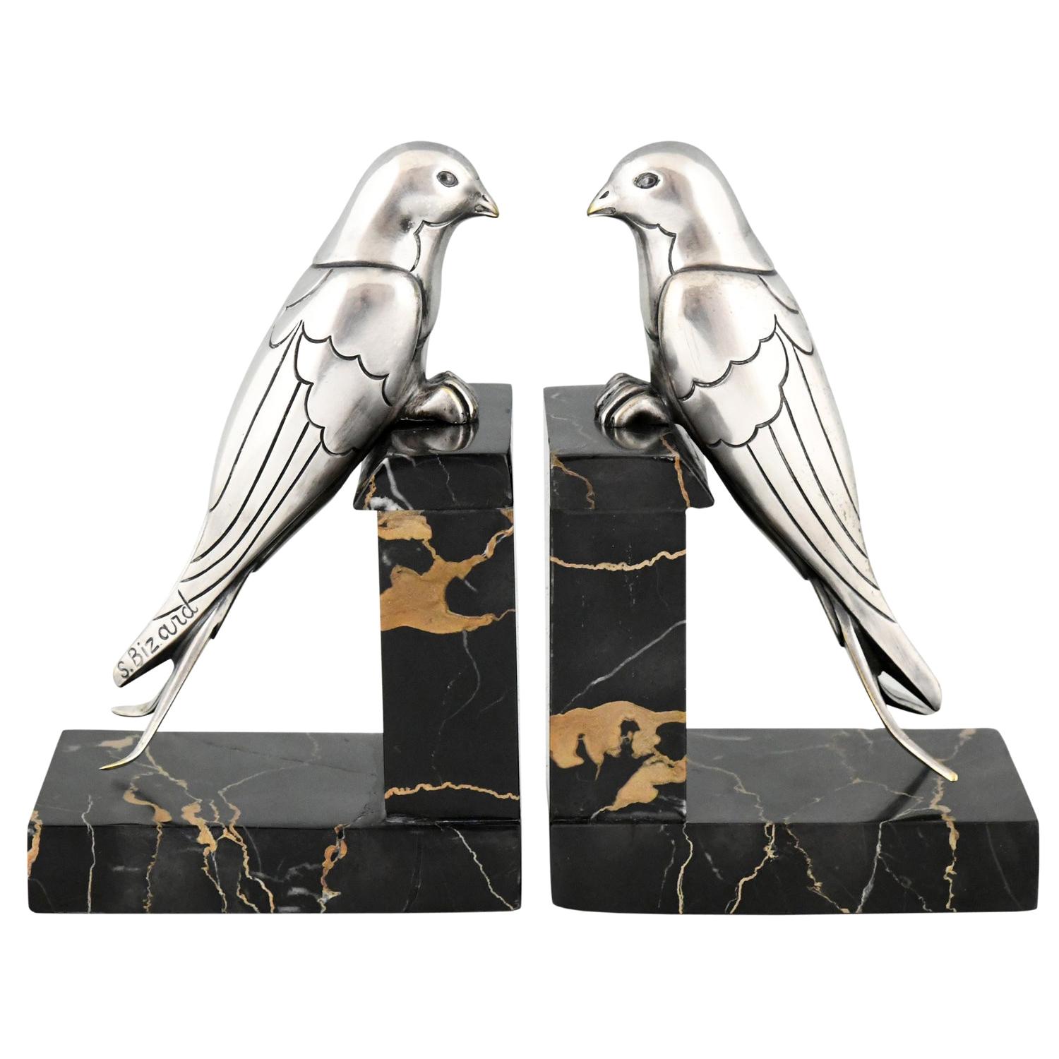 Art Deco Silvered Bronze Swallow Bookends Suzanne Bizard, France, 1930