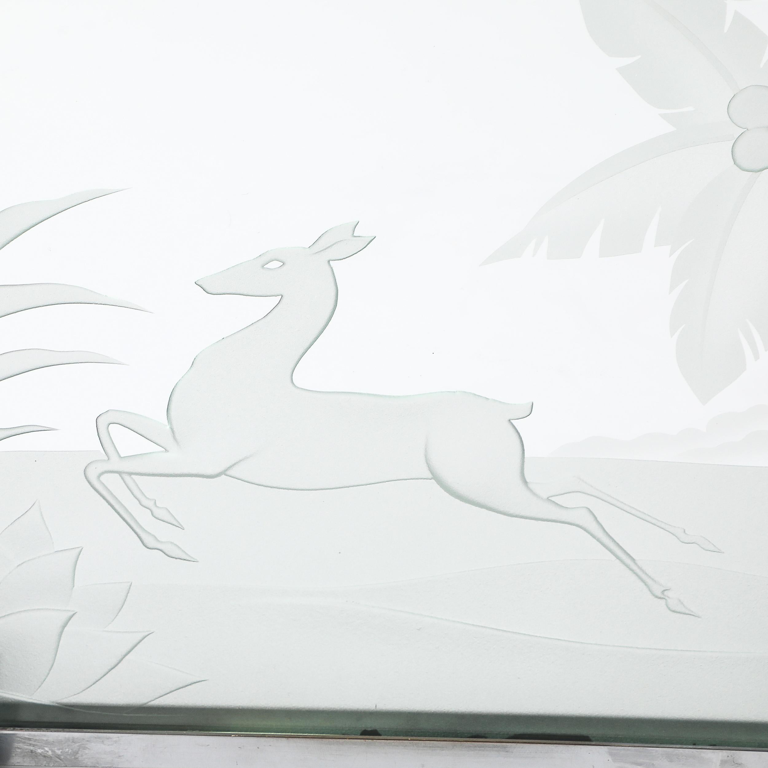 Art Deco Silvered Bronze Table Lamp with Reversed Etched Leaping Gazelle Motif For Sale 4