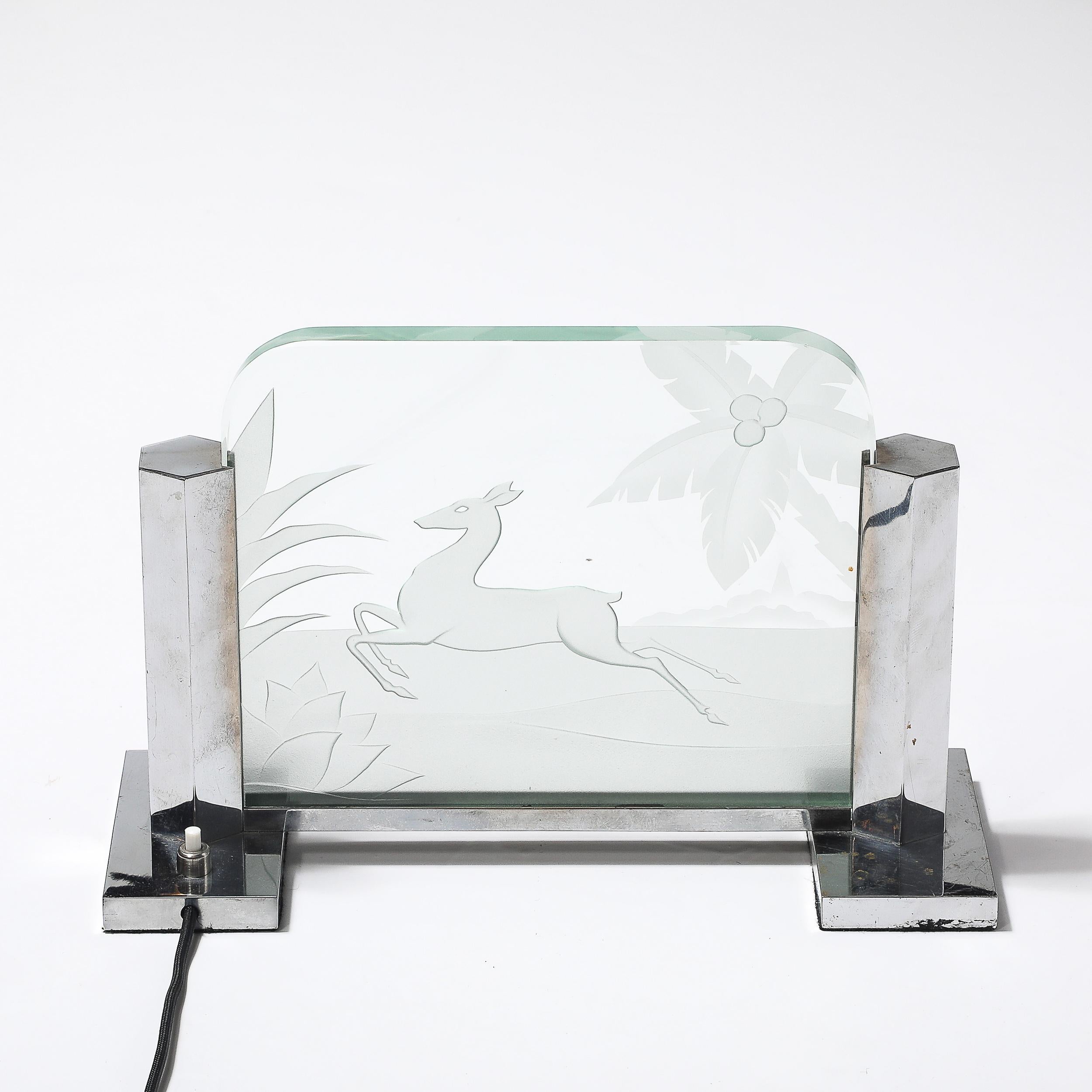 Art Deco Silvered Bronze Table Lamp with Reversed Etched Leaping Gazelle Motif For Sale 1