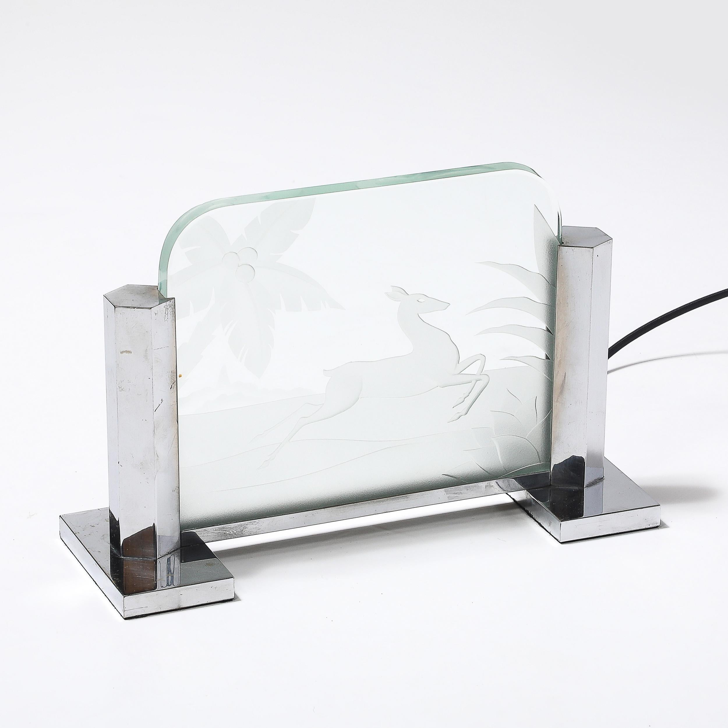 Art Deco Silvered Bronze Table Lamp with Reversed Etched Leaping Gazelle Motif For Sale 3