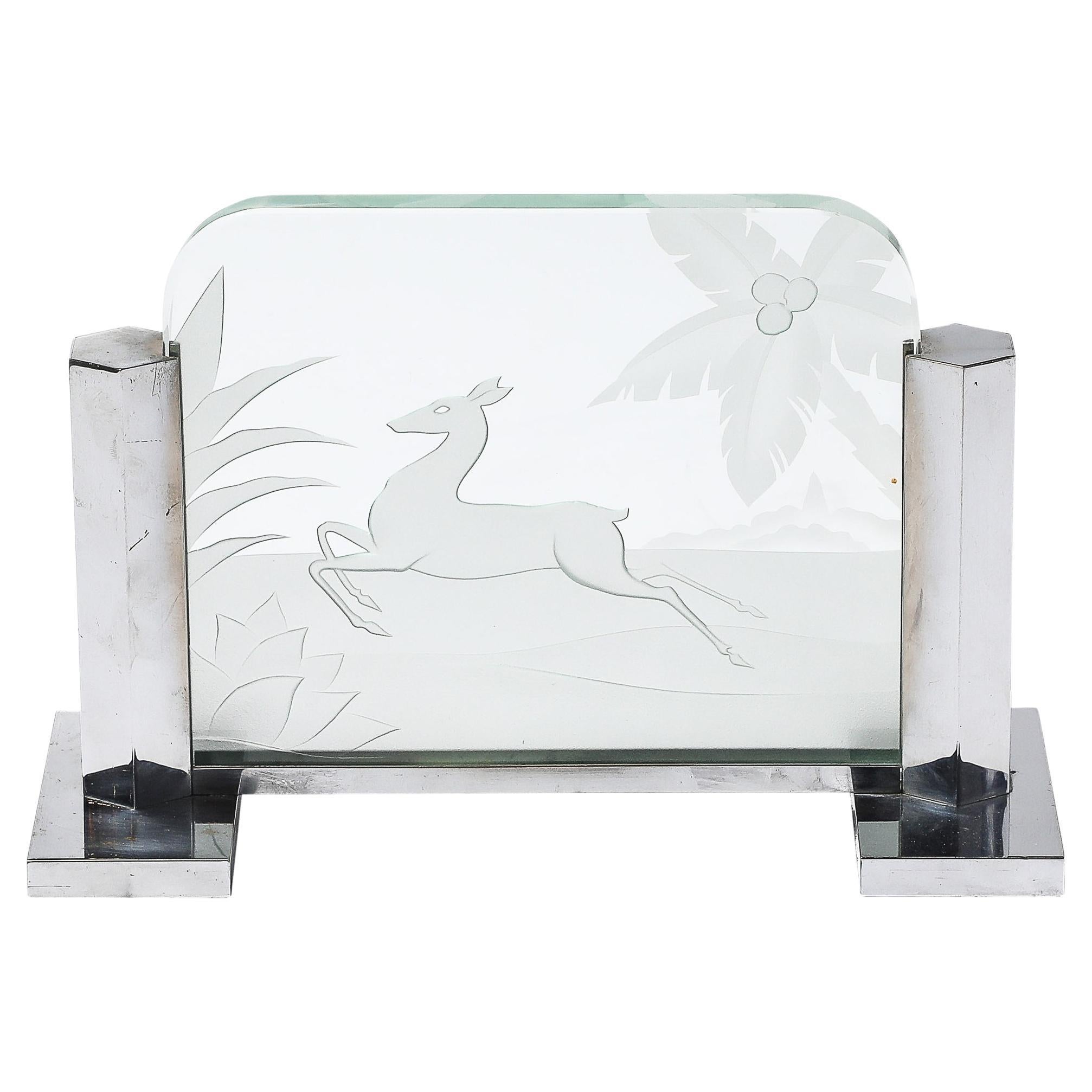 Art Deco Silvered Bronze Table Lamp with Reversed Etched Leaping Gazelle Motif For Sale