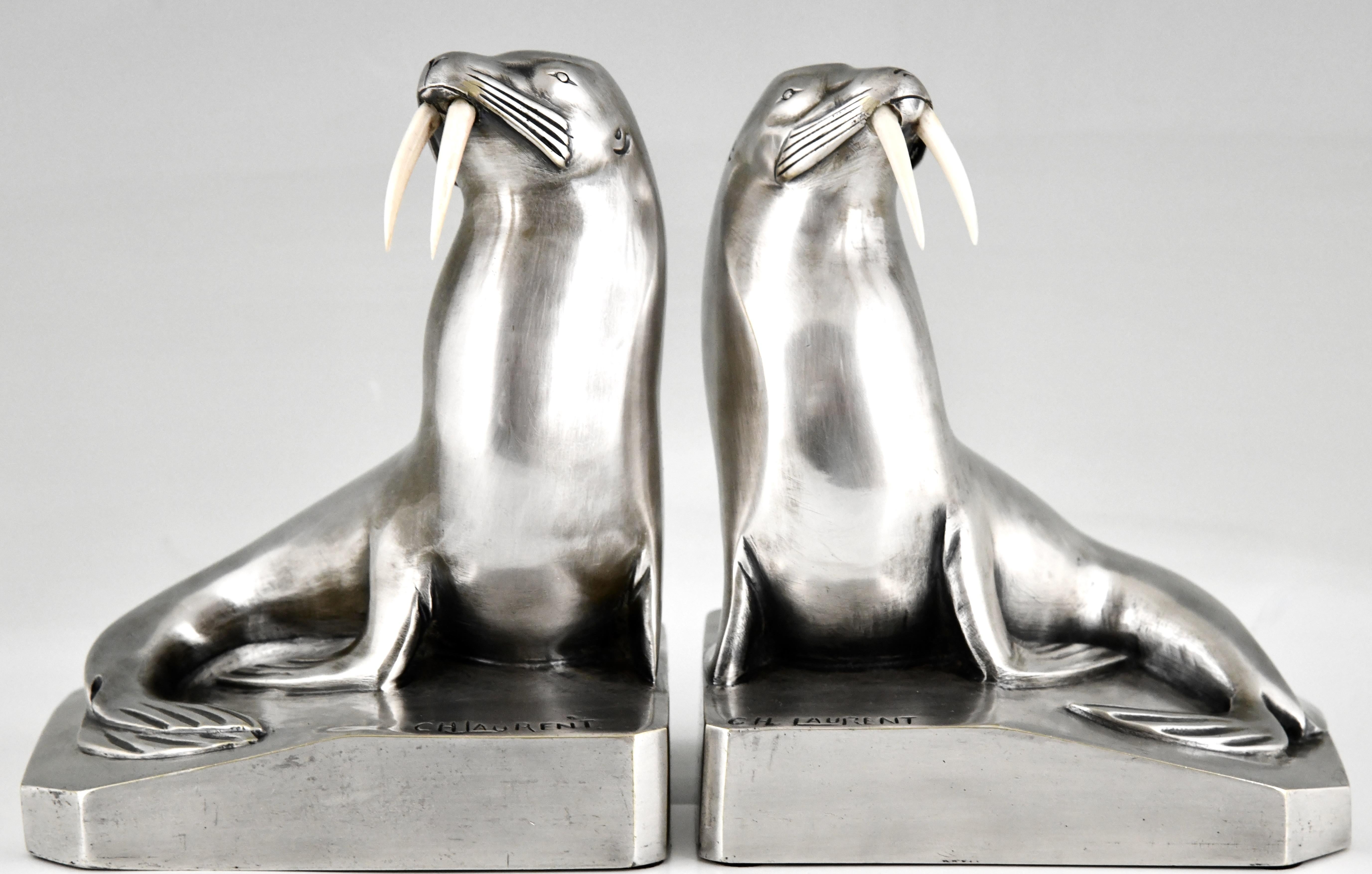 Art Deco Silvered Bronze Walrus Bookends Signed by by G.H. Laurent For Sale 5