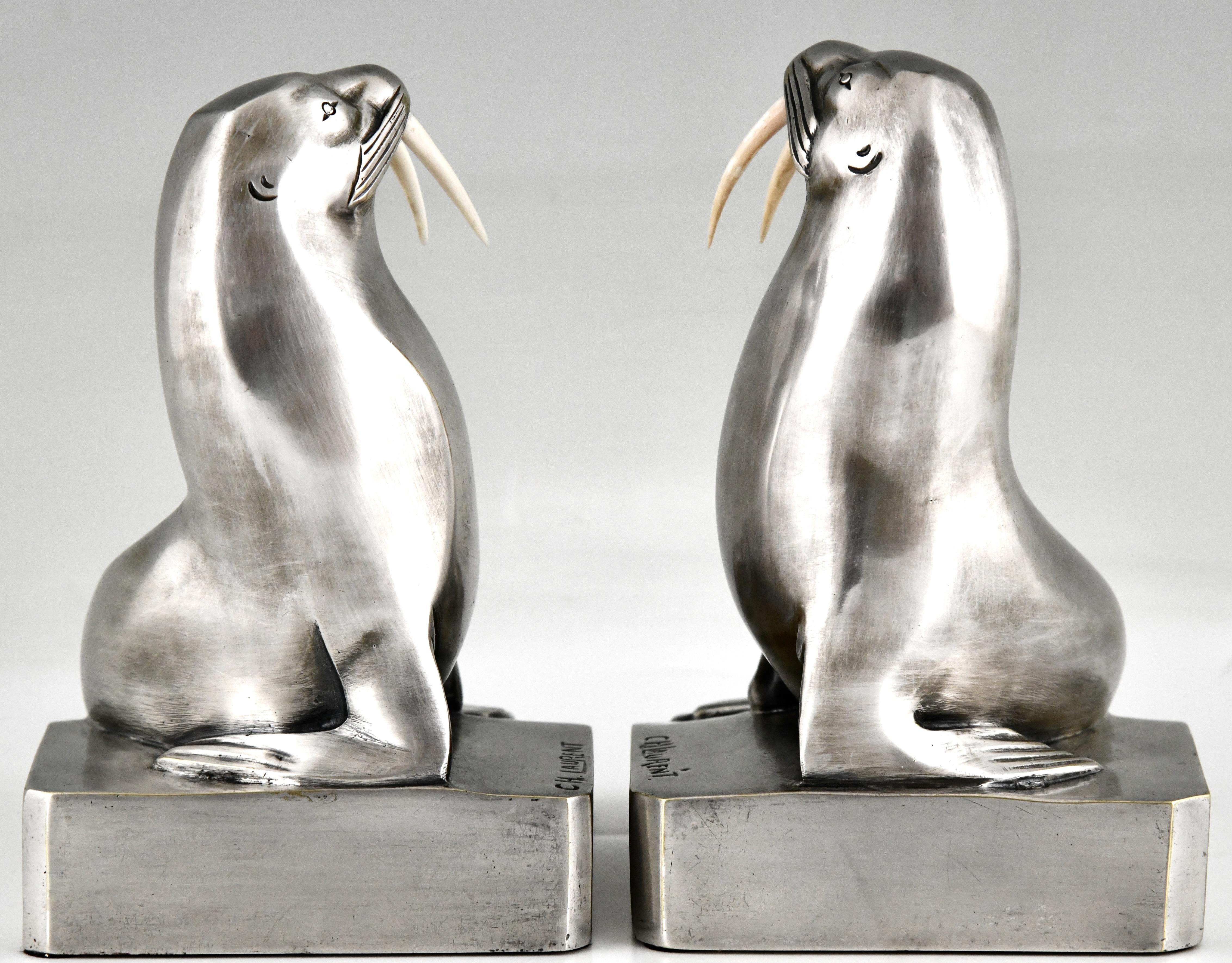 French Art Deco Silvered Bronze Walrus Bookends Signed by by G.H. Laurent For Sale
