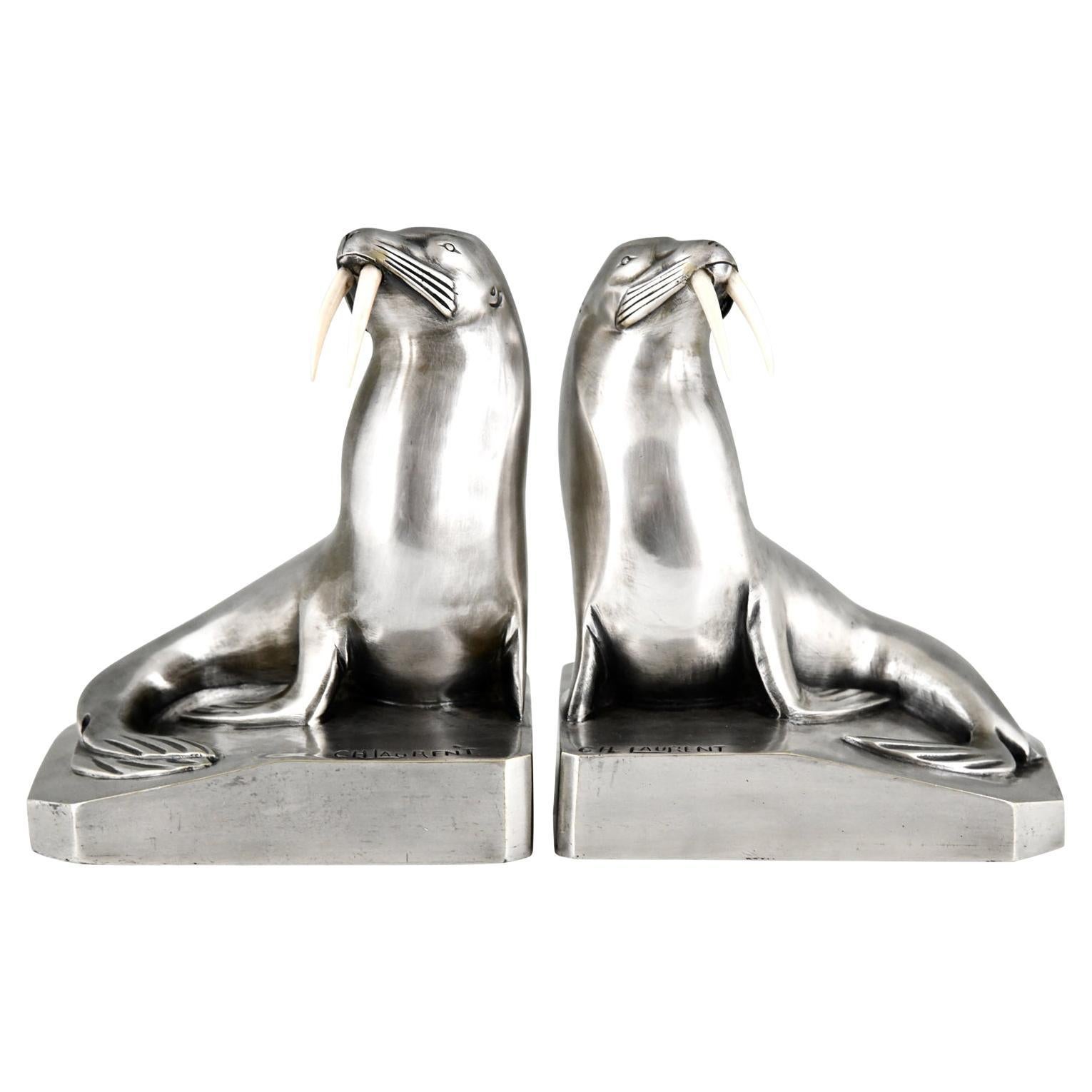 Art Deco Silvered Bronze Walrus Bookends Signed by by G.H. Laurent For Sale