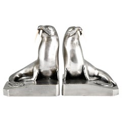 Art Deco Silvered Bronze Walrus Bookends Signed by by G.H. Laurent