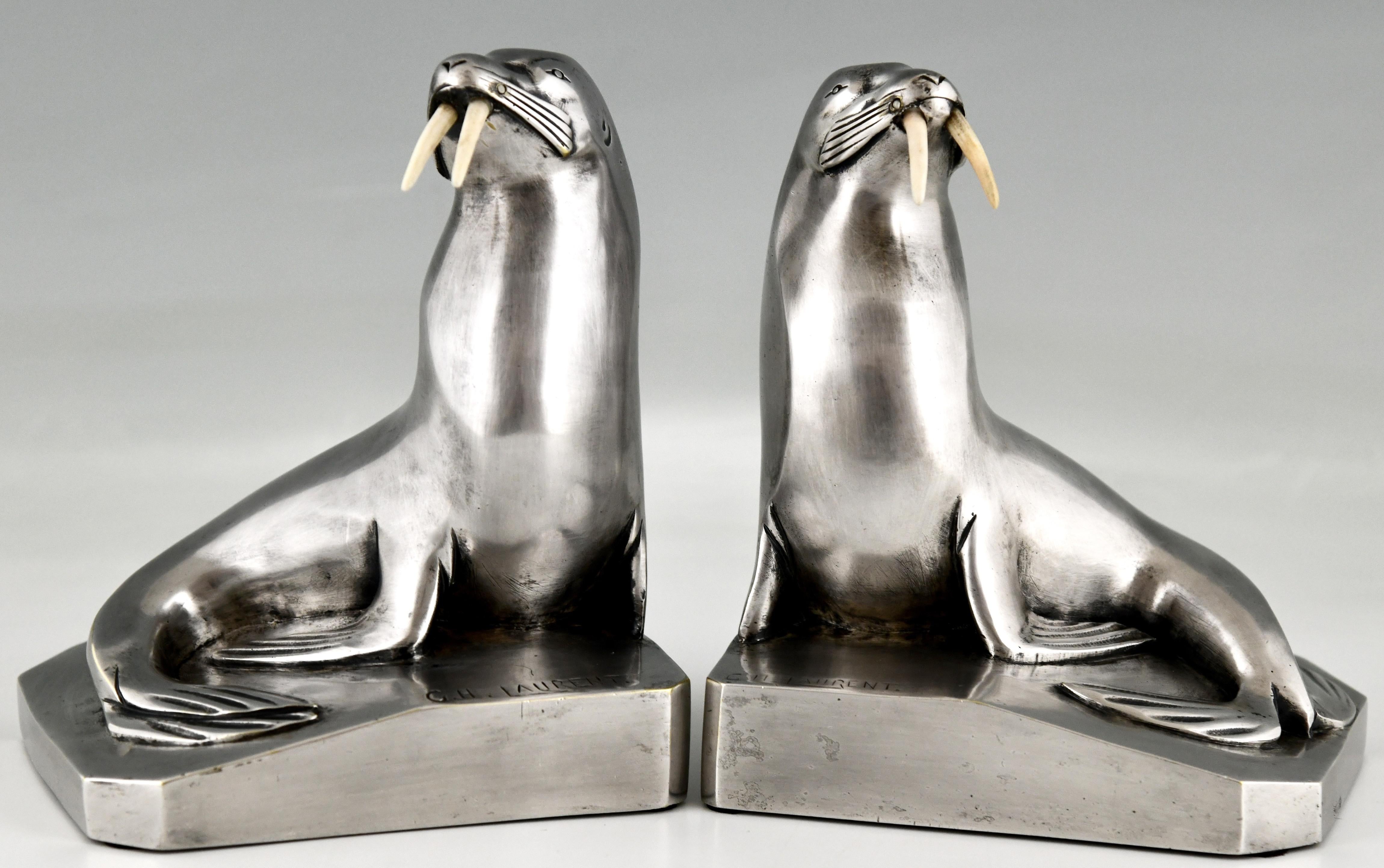 French Art Deco Silvered Bronze Walrus Bookends Signed G.H. Laurent with Foundry Mark