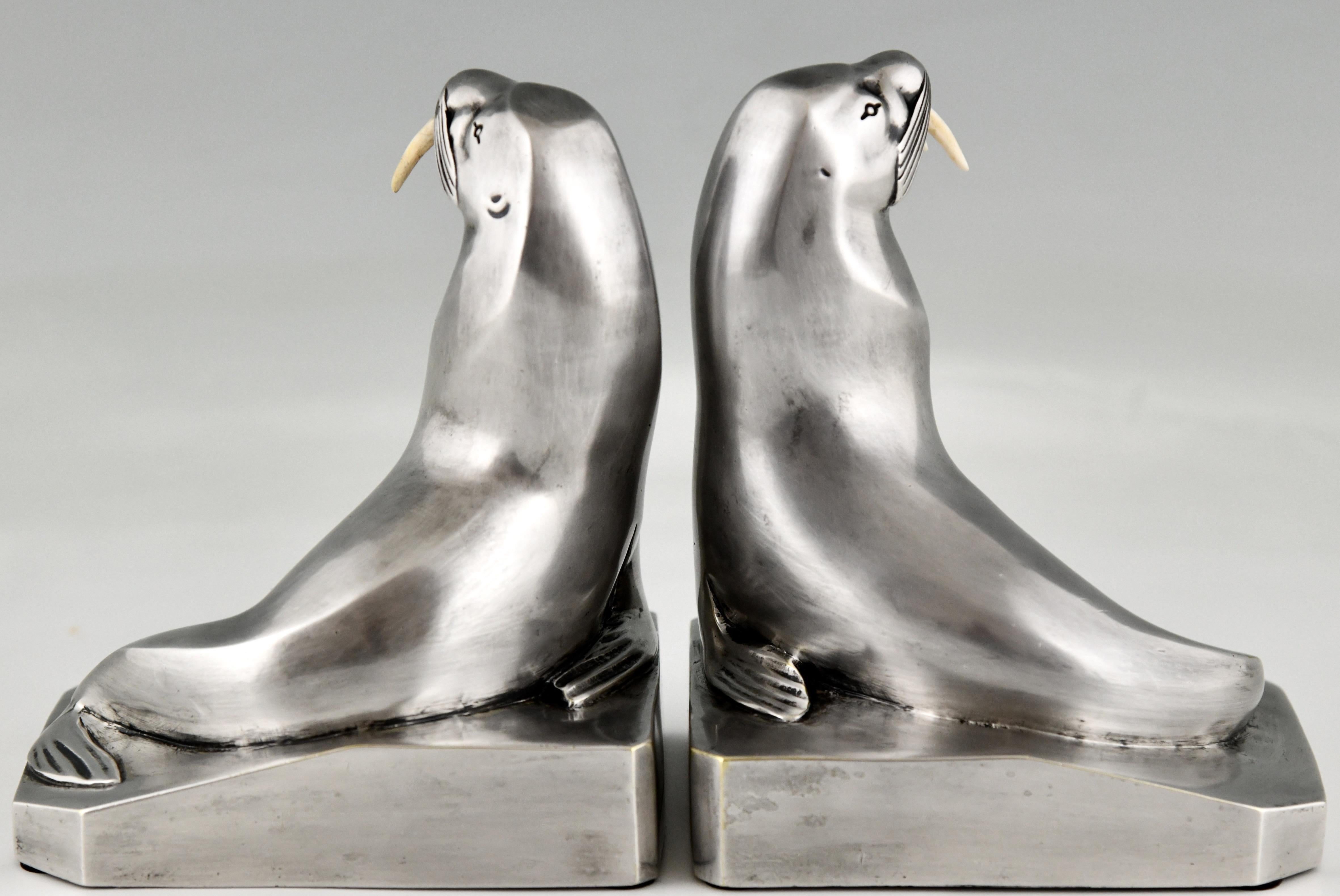 Early 20th Century Art Deco Silvered Bronze Walrus Bookends Signed G.H. Laurent with Foundry Mark