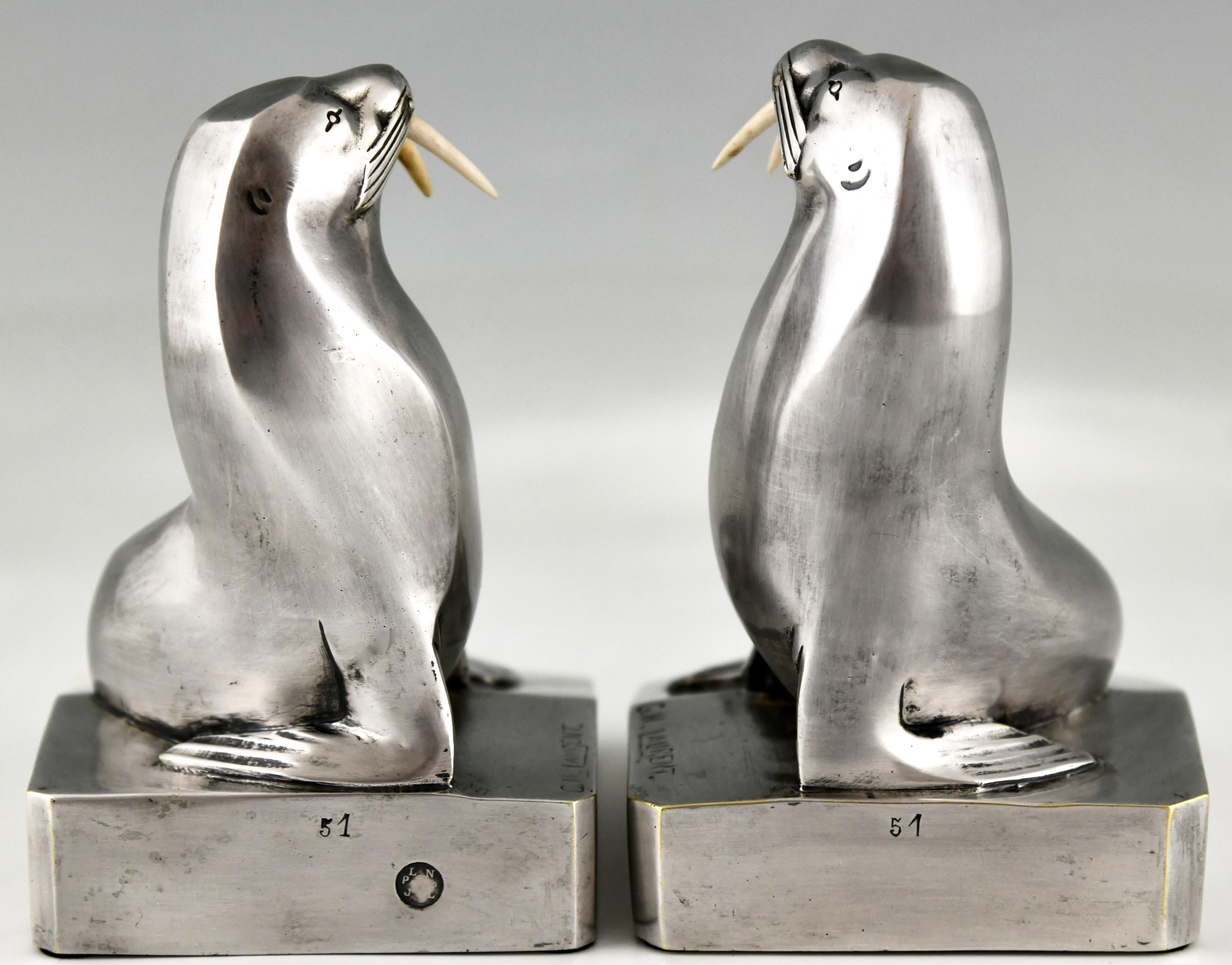 Art Deco Silvered Bronze Walrus Bookends Signed G.H. Laurent with Foundry Mark 1