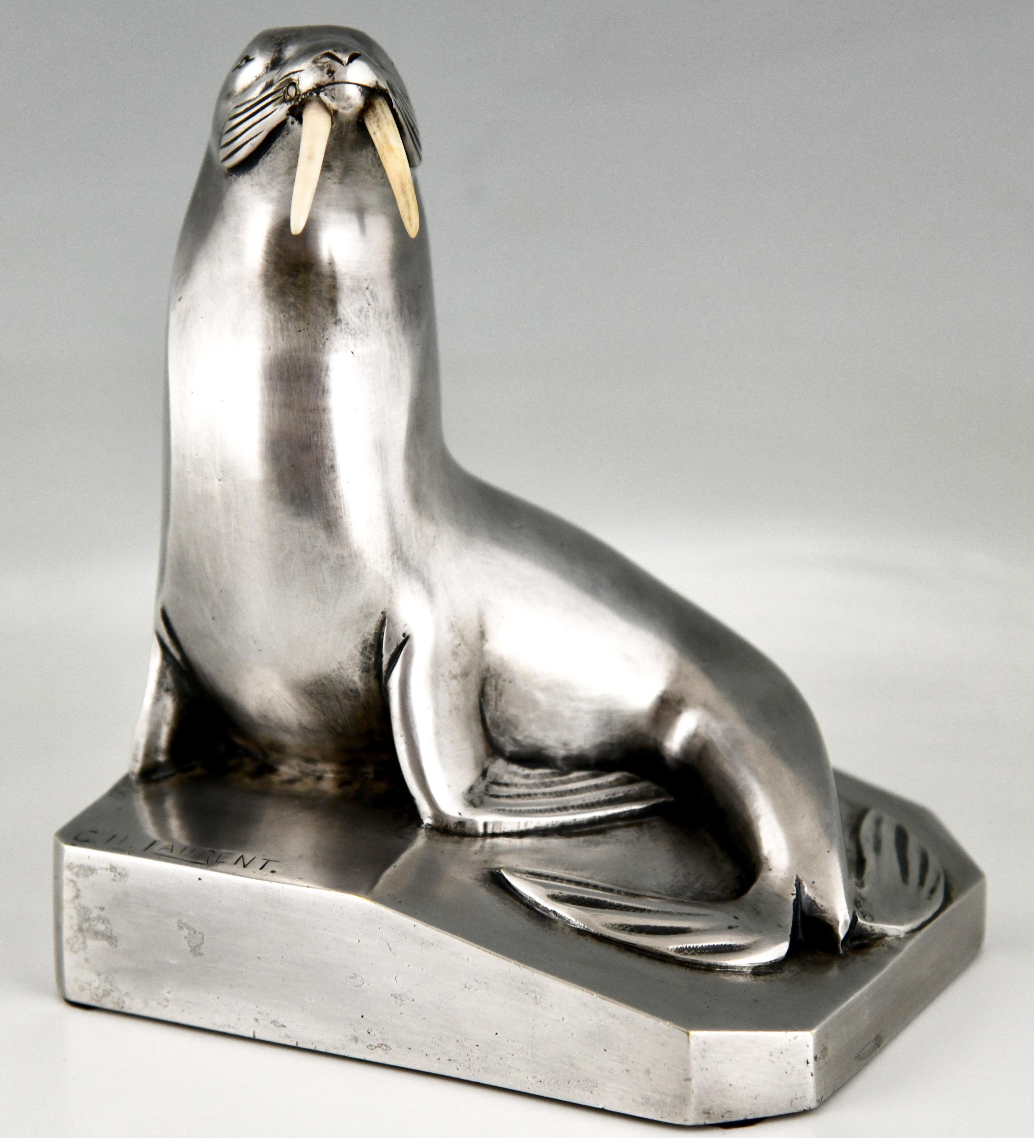 Art Deco Silvered Bronze Walrus Bookends Signed G.H. Laurent with Foundry Mark 2