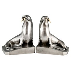 Art Deco Silvered Bronze Walrus Bookends Signed G.H. Laurent with Foundry Mark